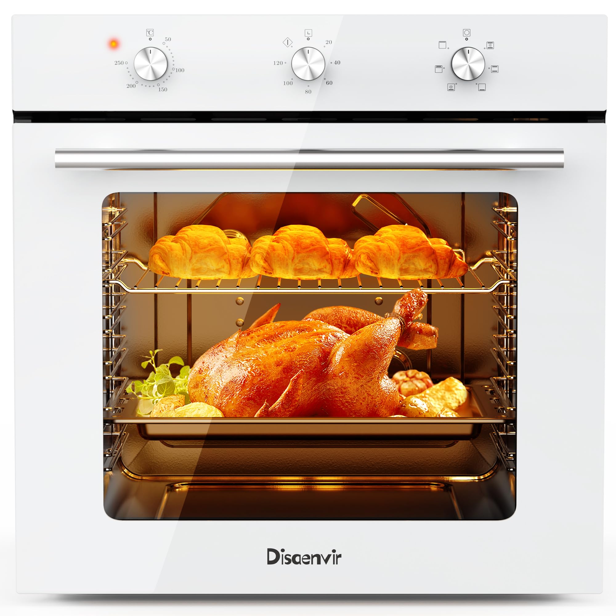 Forno Elettrico da Incasso Disaenvir 60 cm Autosufficiente, Bianco, 60L 2,2kW, Timer, Funzione Pizza, 6 Funzioni, Con Grill & Vassoio da Forno Smaltatol, Riscaldamento Rapido