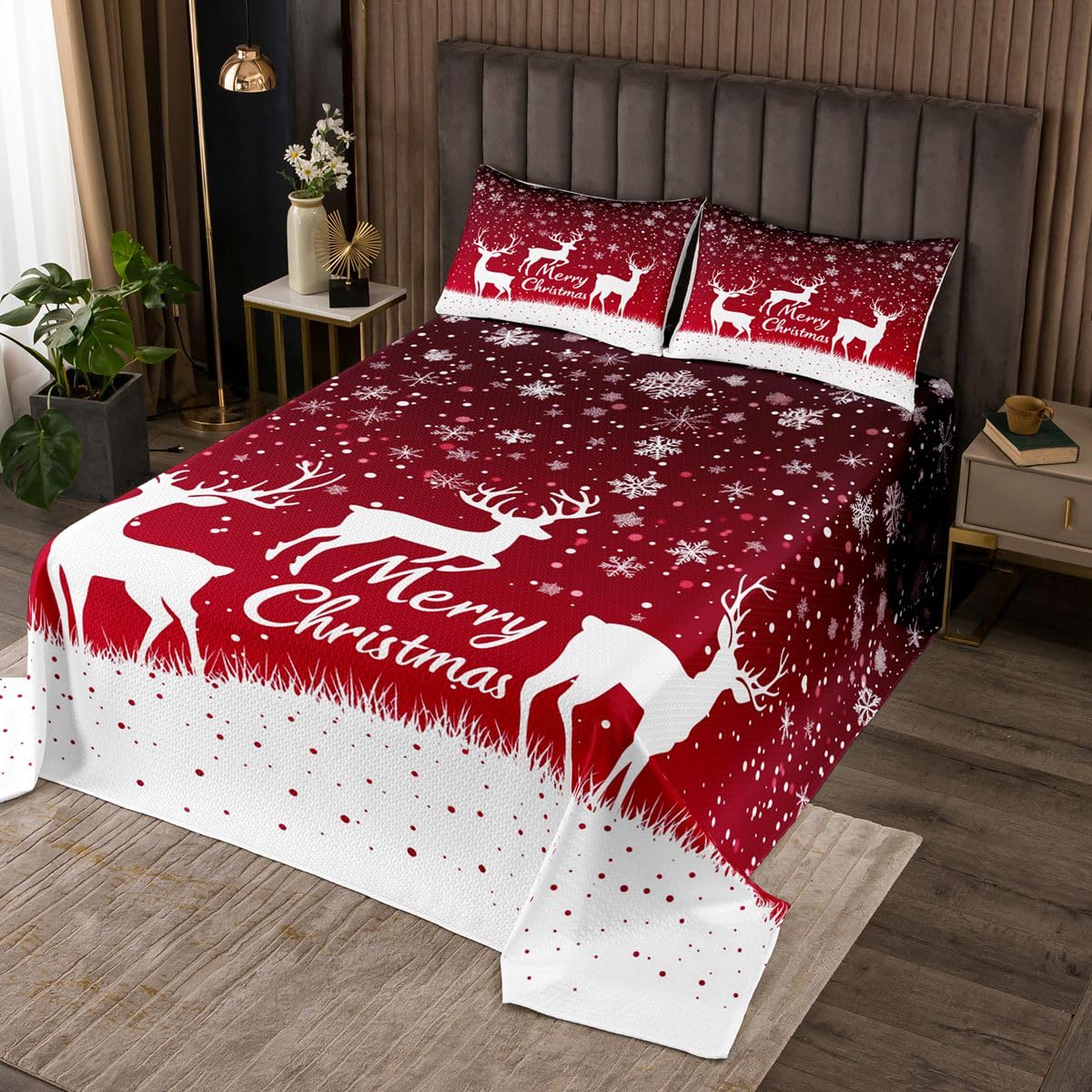 Homewish Copriletto singolo con renne rosse sfumate | Set di biancheria da letto trapuntata invernale bianca con motivo neve e sagoma di neve, per bambini e adulti