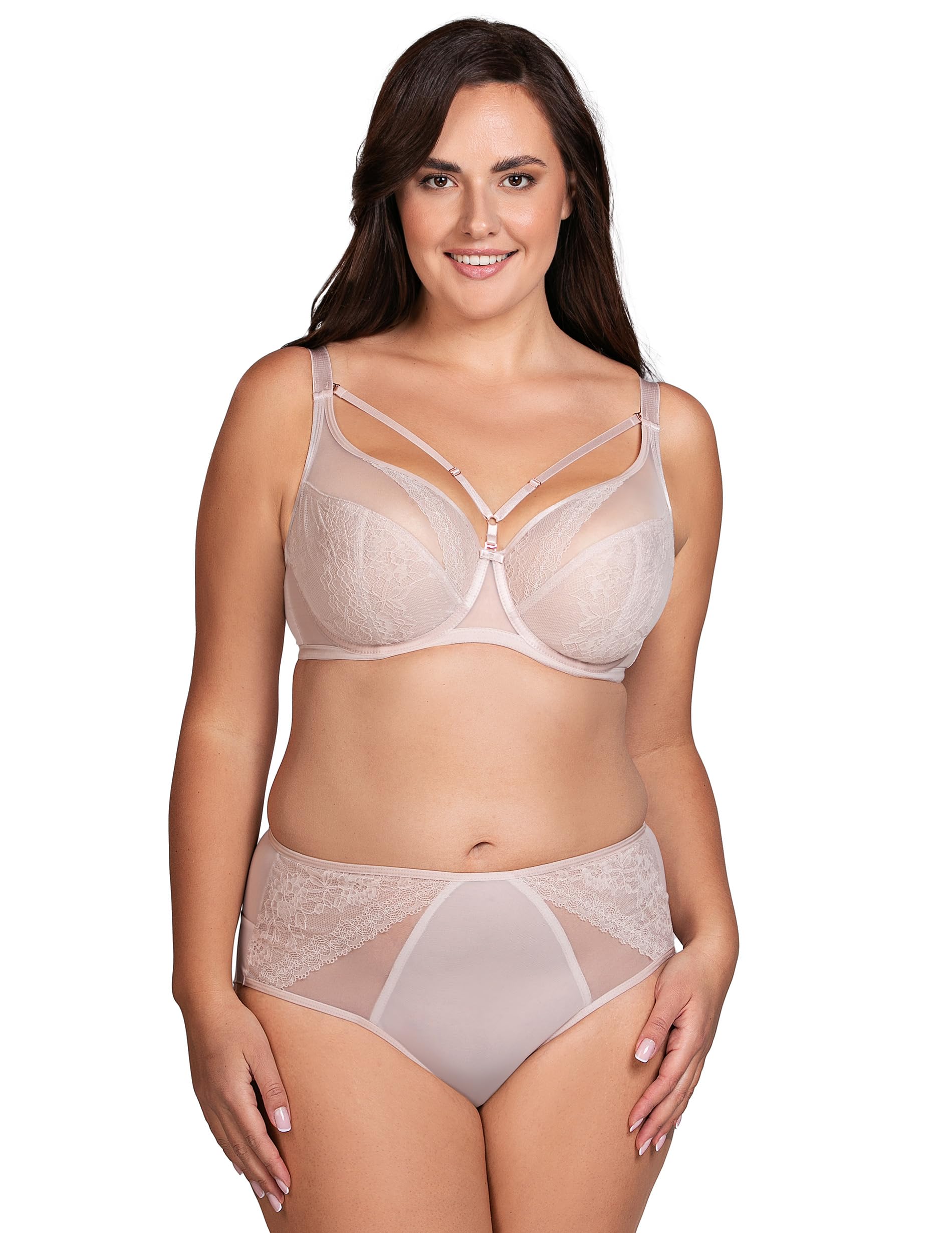 VIVISENCE Damen Bügel-BH Softcup Spitze Mit Dekobändern Verstellbare Träger Schleife Netz Cups Transparent Roségold Details Lingerie Vollschale Unterwäsche