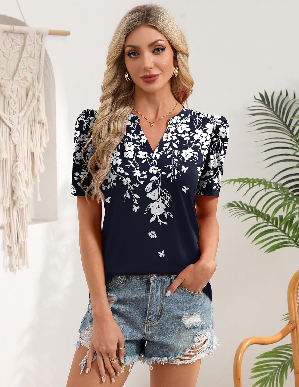 Zeagoo Women Blouses Puff Short Sleeve Tops V Neck Dressy Casual Spring Shirts Boho Floral Cute Clothes 2026 - Image 2