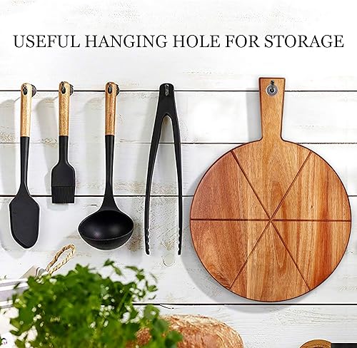 Miniatura 7 de Pizza Peel de 12 pulgadas, tabla de pizza de madera con asa, pala redonda para pizza con cortador, tabla de cortar para pan de queso, frutas y