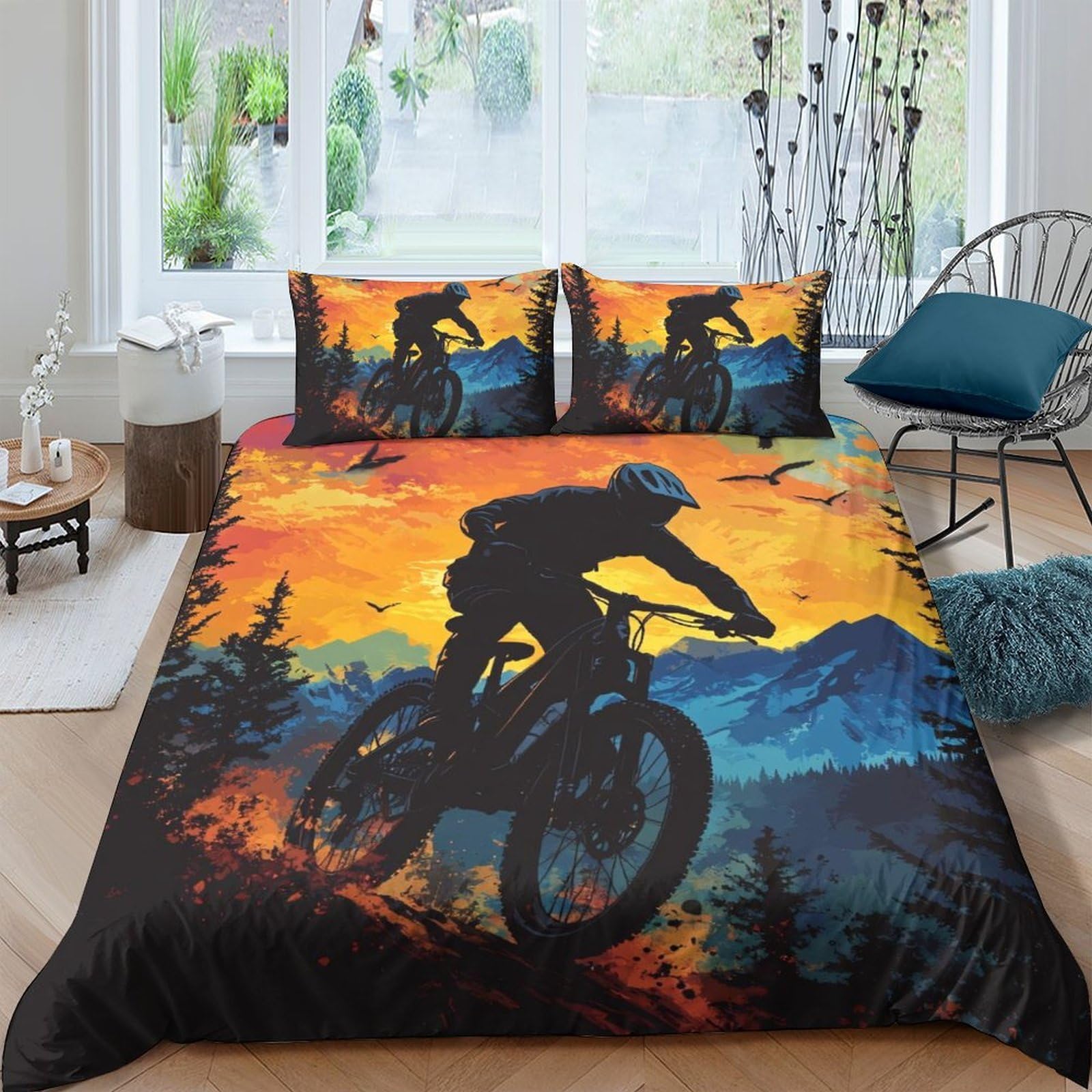 Ctjqhvkz Style-3 3D Printed Mountain Biking Fitted Sheet Microfiber Sunset Forest Bed Cover For Bedroom Youth Guest Mattress Protection Single（135X200cm）
