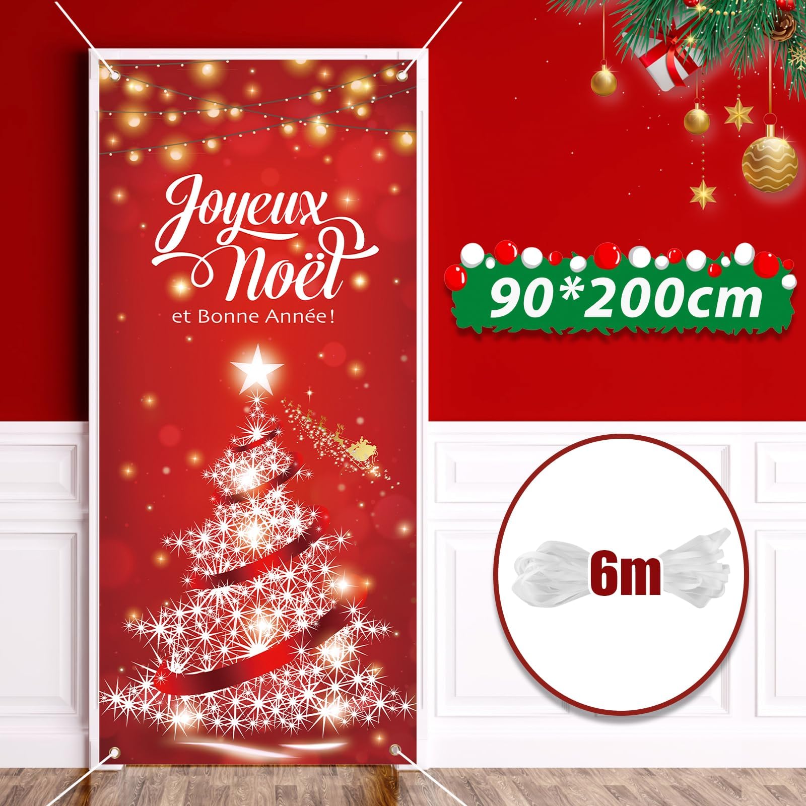 Bannière Porche Noël Réutilisable - Tissu Polyester 30x180 Cm, Motif Sapin, Avec Corde - 6