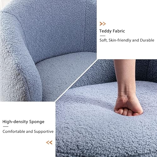 Miniatura 34 de KIVENJAJA Silla giratoria de barril tapizada de tela de peluche, moderna silla redonda con brazos, sillón pequeño giratorio de 360 grados para Azul