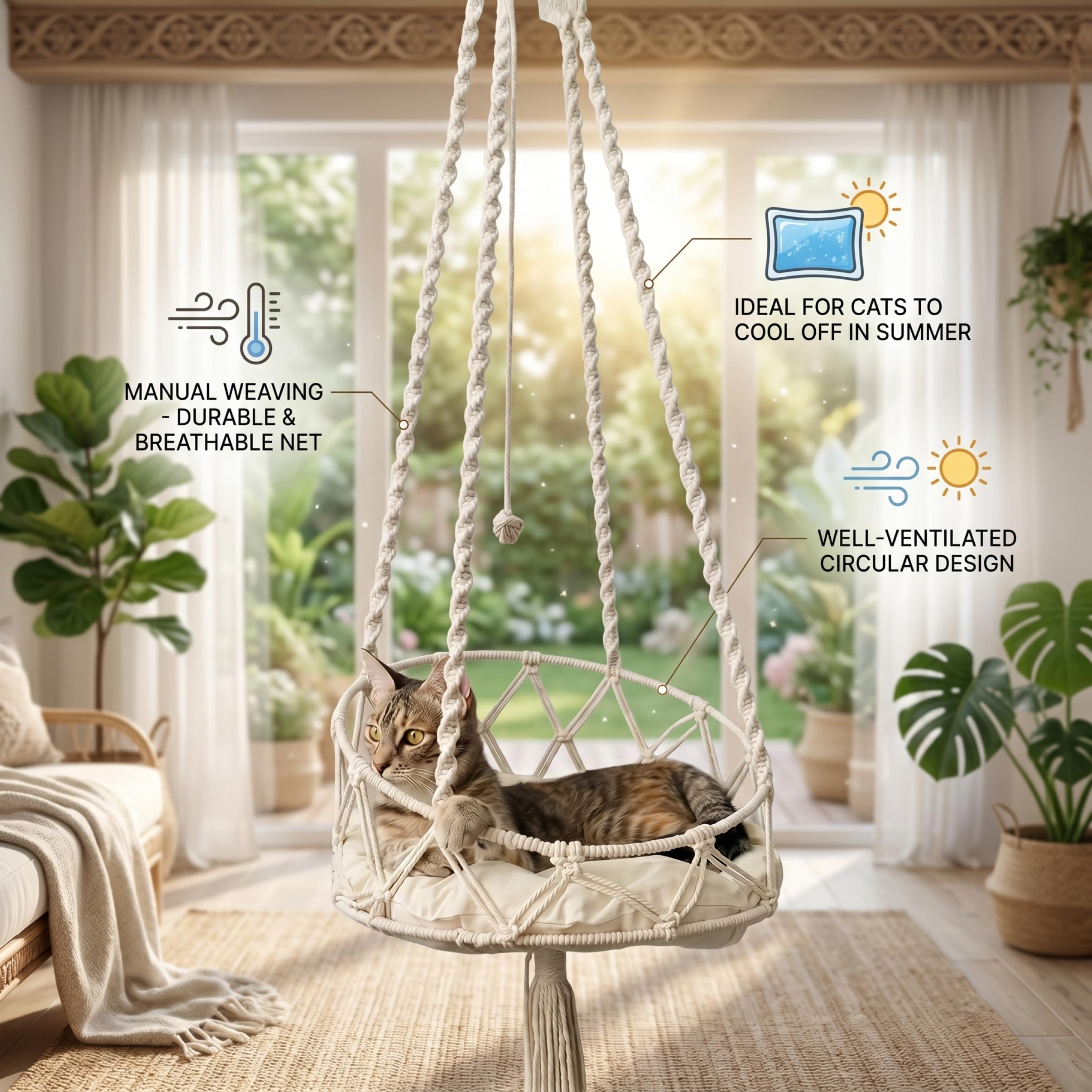Hängendes Katzenbett, hängende Katzenhängematte, handgewebte Schaukel mit weichem Kissen und Bommel für drinnen und draußen, weiß, Hängematte für Fenster