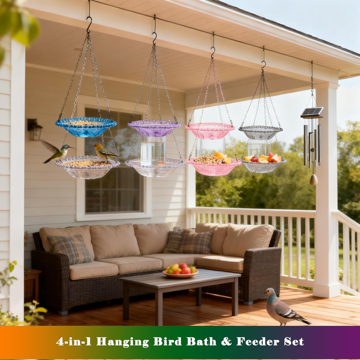 4 Pack Super Value Hanging Plastic Bird Baths and Feeders for Outdoors Bird Water Bowls and Seed Trays Set Attract Wild Birds Garden Yard Decor Gift (Blue Pink Gray Purple)