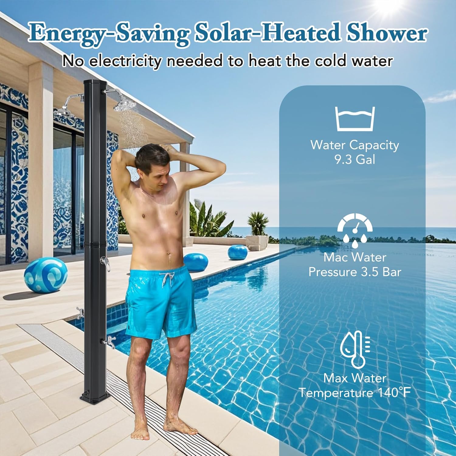 Giantex 9.3 Gallon Outdoor Shower, Solar Shower with Dual 360°Rotating Shower Heads, 2 Foot Showers, Hot & Cold Water Adjustable Faucet, 7.2 FT Outside Shower for Patio, Yard, Poolside, Beach, Garden