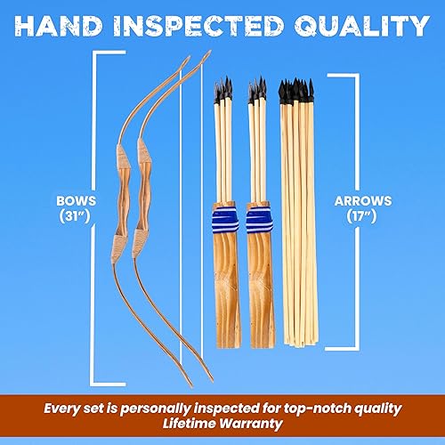 Miniatura 6 de Adventure Awaits set de 2 paquetes de arco y flechas hechos a mano 20 flechas de madera y 2 fundas para jugar al aire libre