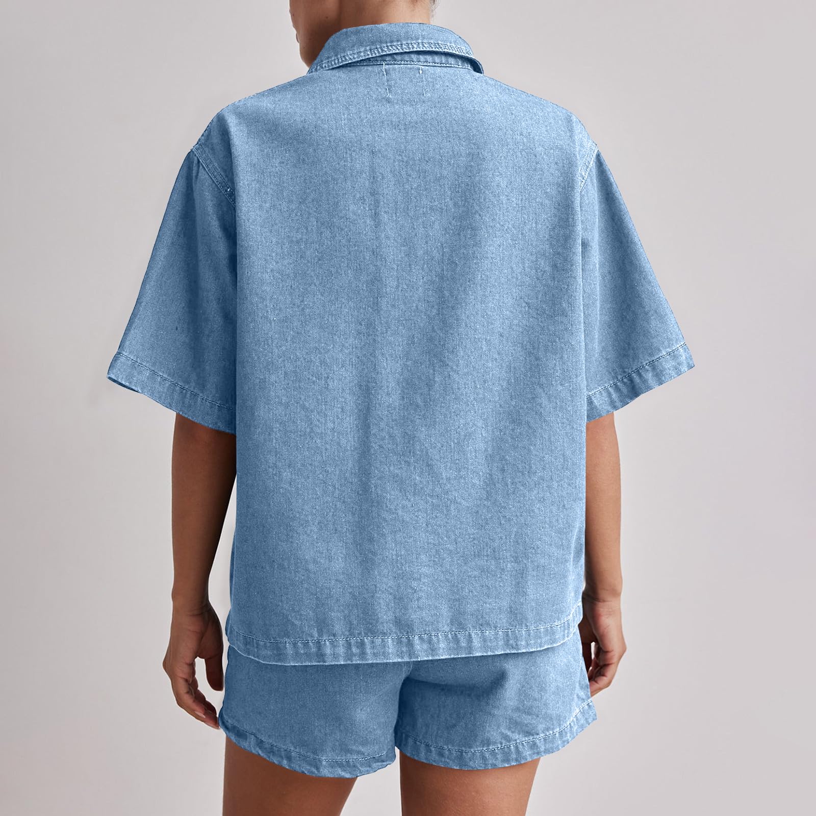 Completo da Due Pezzi da Donna Y2 in Denim, Coordinato, Camicia a Maniche Corte, Pantaloncini di Jeans a Vita Alta, Completo Estivo da Salotto, Camicia in Denim con Bottoni, pantal