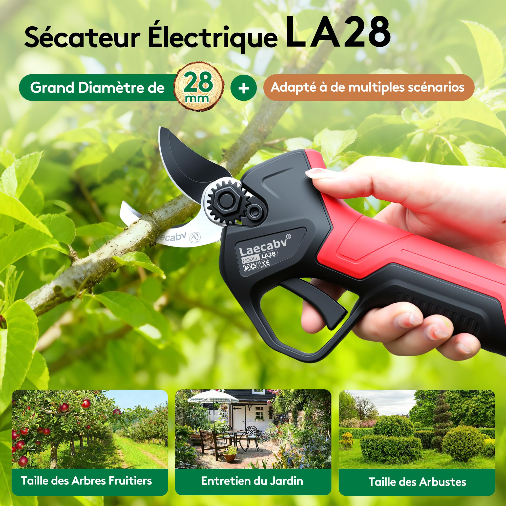 Sécateur électrique 28 mm avec batterie professionnelle, ciseaux branche sans fil avec moteur sans balai, 2 pièces batterie au lithium rechargeable de 16,8 V/2 Ah (LA28BKRD)
