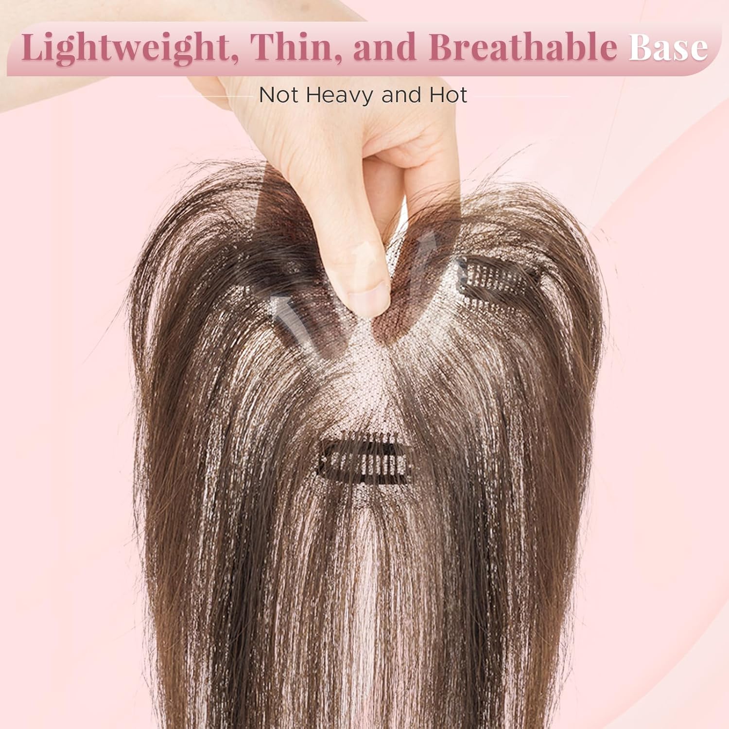 Hair Toppers for Women Real Human Hair with Curtain Bangs, 9x12 CM Lightweight Breathable Upgraded Seamless Silk Base, Toppers with Thinning -Straight, 11 Inches, Dark Brown