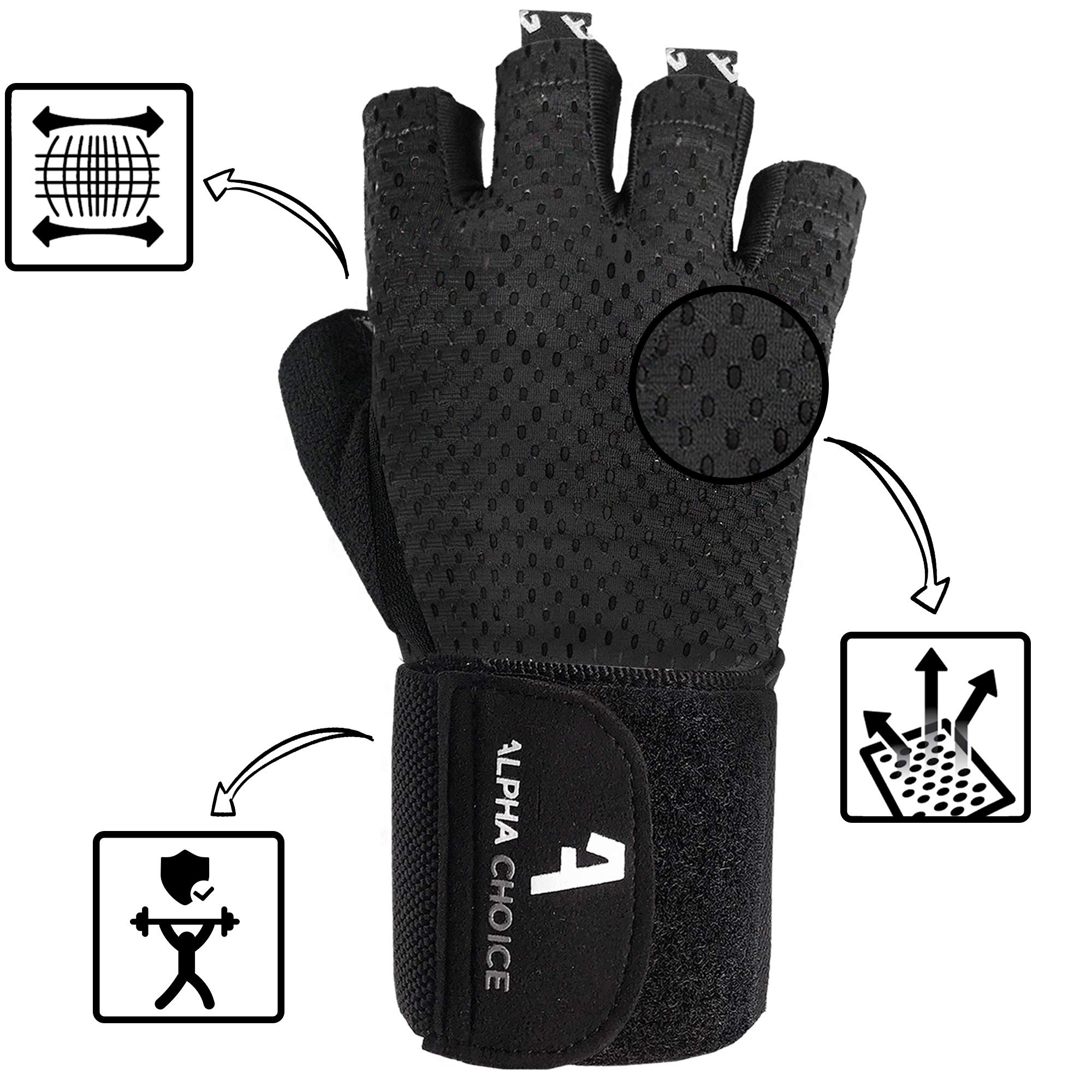 Alphachoice Performance - Guanti da fitness per uomo e donna, con protezione per il polso, guanti da allenamento per la forza, bodybuilding, sollevamento pesi (S, nero)