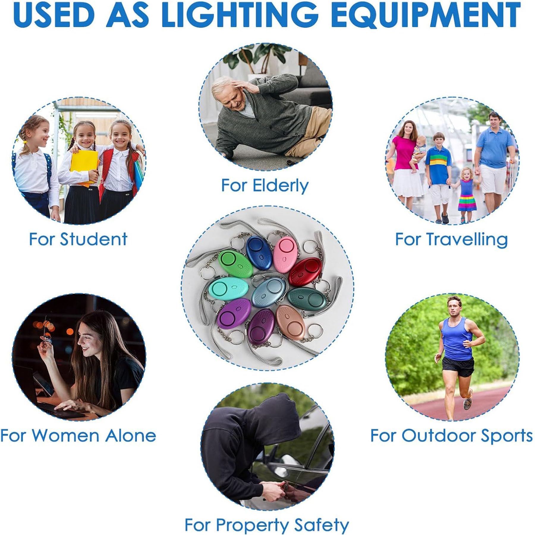 Llavero de alarma de seguridad personal con luz LED, alerta de seguridad de emergencia de 130 dB, paquete de 76 en 19 colores mezclados, protección portátil para mujeres, niñas, niños, ancianos