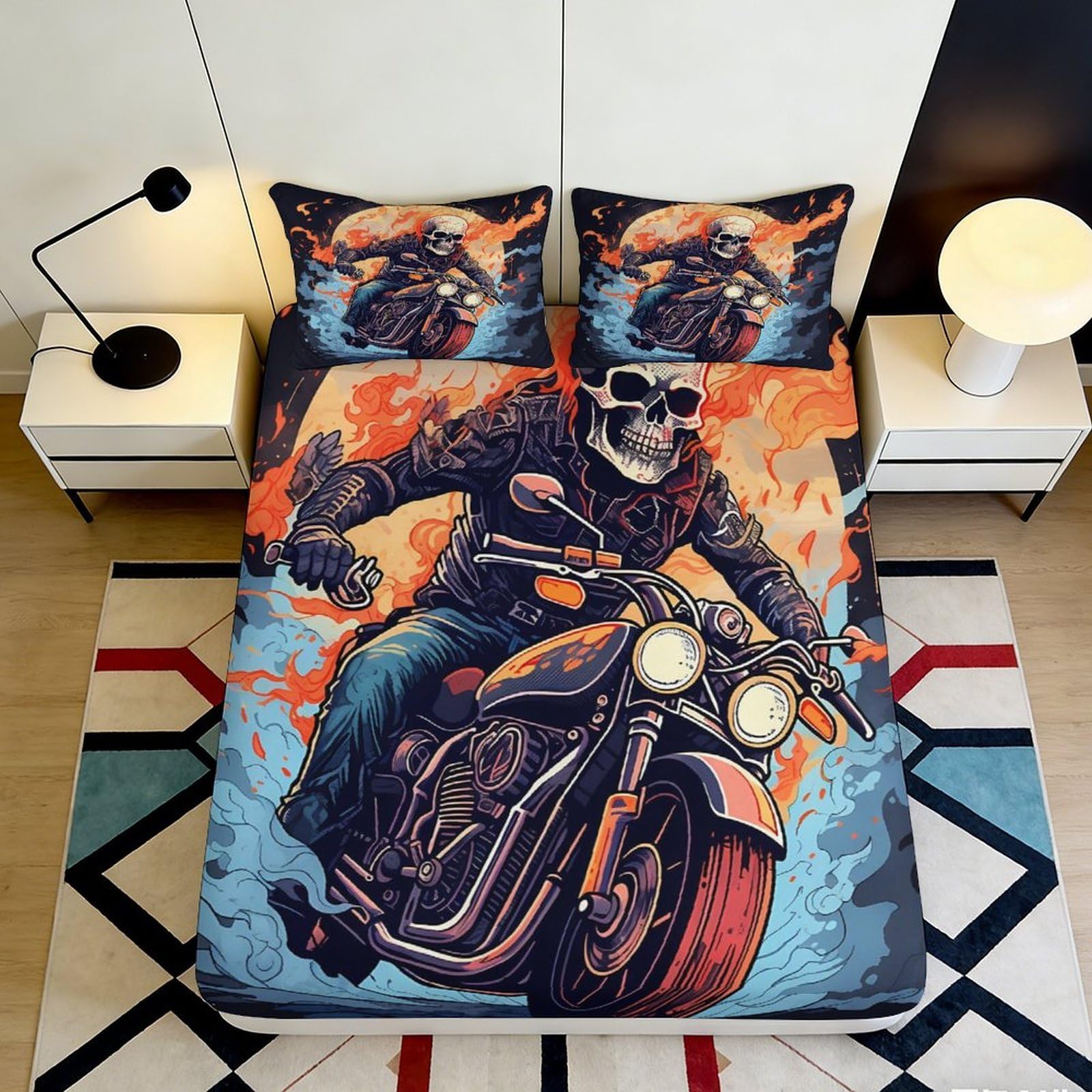 3D Printed Flaming Skull Motorcycle Fitted Sheet Microfiber Soft Breathable Skeleton Rider Bed Cover for Bedroom Dormitory Guest Room Mattress Protection 160x200x25cm