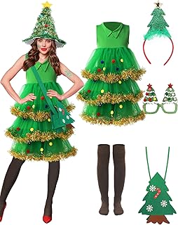 Berlune 7 Pcs Christmas Tree Costume Set for Women Christmas Outfit Dress Hat Headband Bag Glasses Frame Socks Sequins(Large) - Buy now