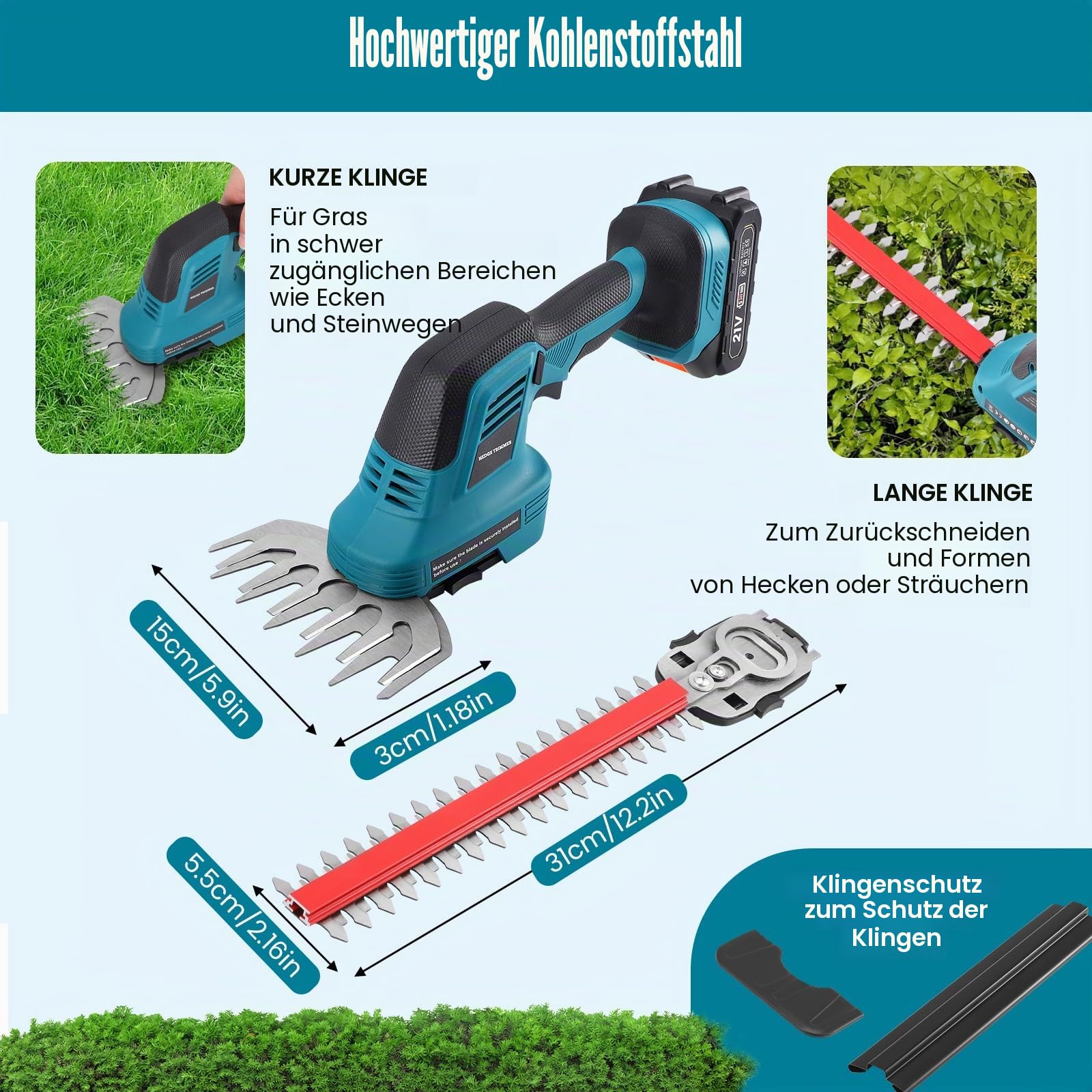 Akku Heckenschere 21V Elektrische Heckenschere Akku Grasscheren, 2 in 1 Schnurlose Grasschere und Heckenschere, Elektrogartenscheren mit 1500mAh*2 Wiederaufladbaren Batterien,Klingen und Adapter