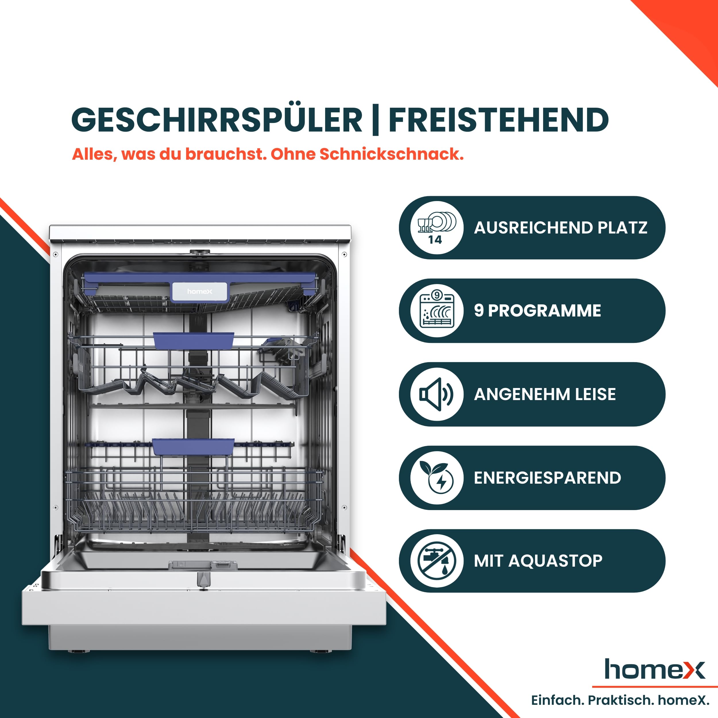 homeX DWFS601442A-S Geschirrspüler 60 cm, Spülmaschine freistehend - 14 Maßgedecke, 9 Programme, Energieklasse A, AquaStop, Besteckschublade, 42 dB, Überlaufschutz, Auto Door, Unterbaufähig, Silber
