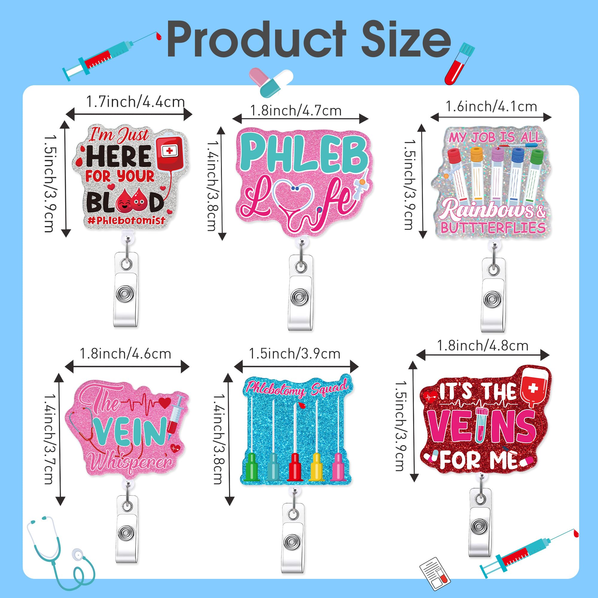 6 Pcs Phlebotomy Badge Reels, Retractable Funny Pink Glitter ID Badge Holder with Metal Clip, Phlebotomy Essentials and Phlebotomist Gifts