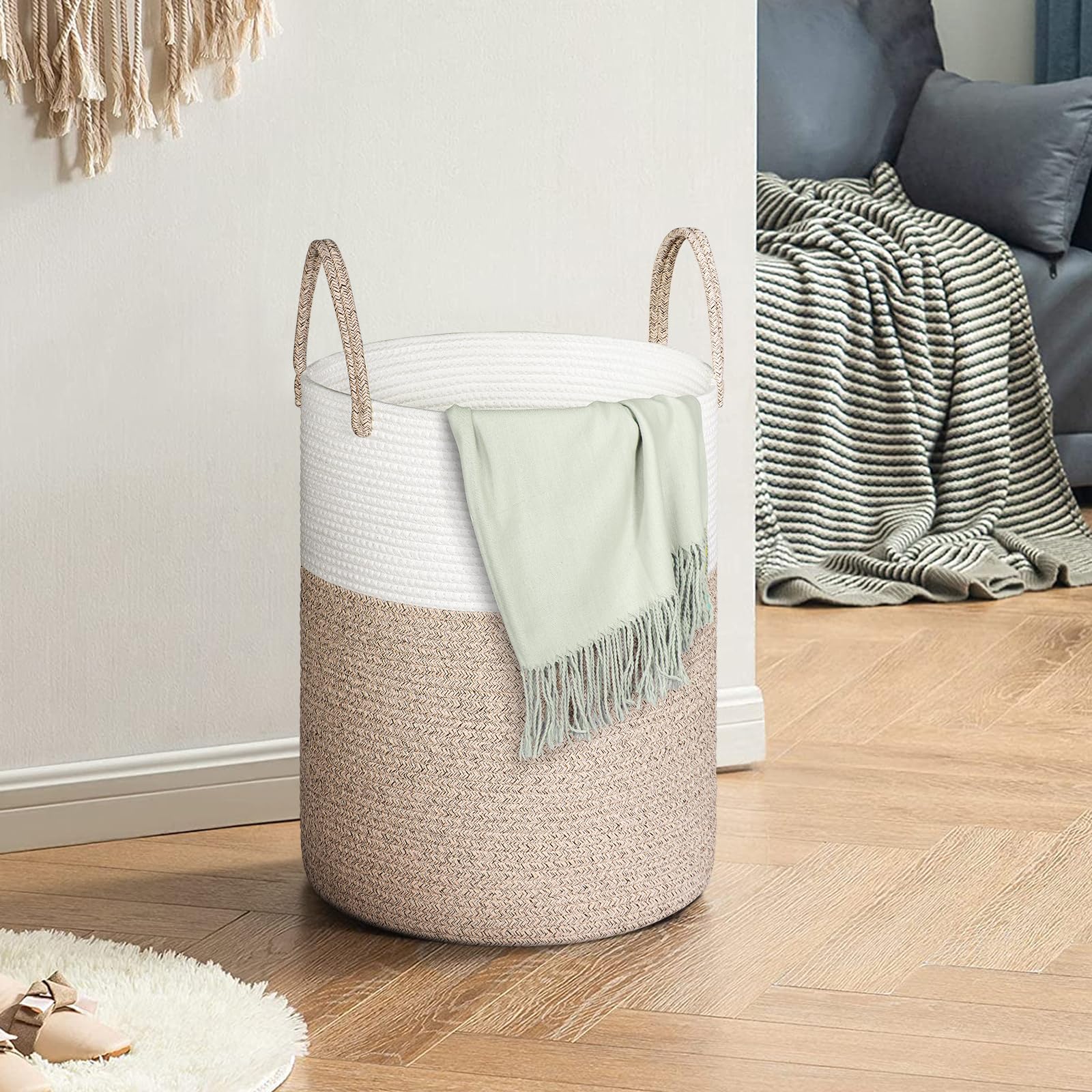 Univivi Extra Large Laundry Basket, 58L Foldable Blanket Baskets, Woven Storage Baskets with Sturdy Handle - Image 3