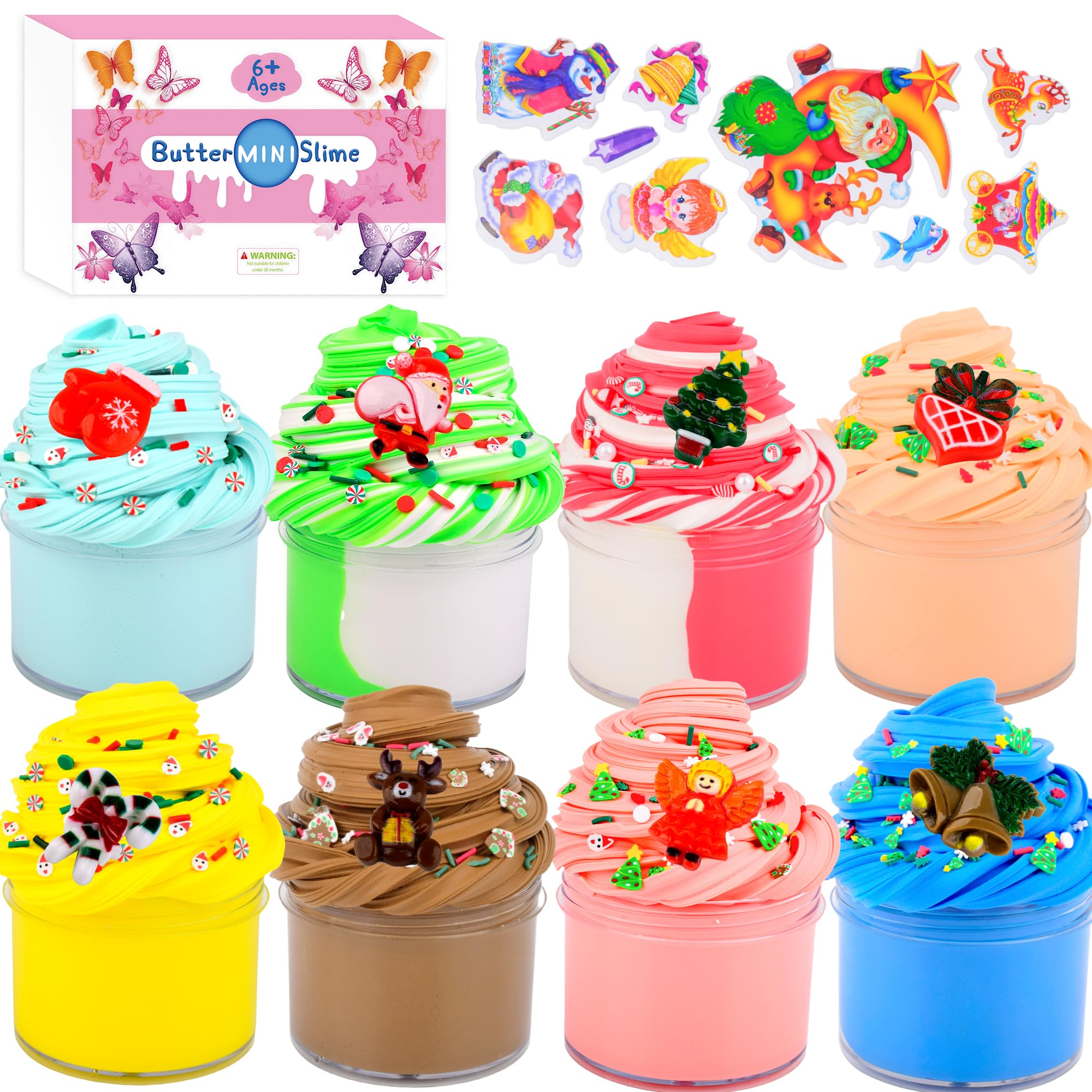 Christmas Slime Kit,8 Pack Butter Slime, scented Soft and Non-Stick, Christmas stuffing, Christmas Stickers, Party Favors, Prizes, Educational toy,Halloween, for Girls and Boys