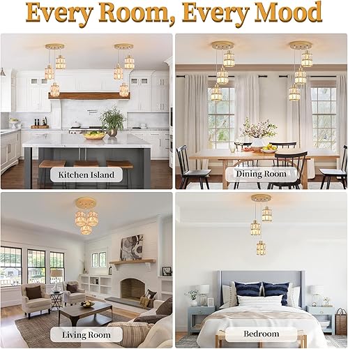 Miniatura 2 de Moderna lámpara colgante de cristal dorado  Lámpara colgante ajustable de 3 luces para isla de cocina, comedor, sala de estar y dormitorio