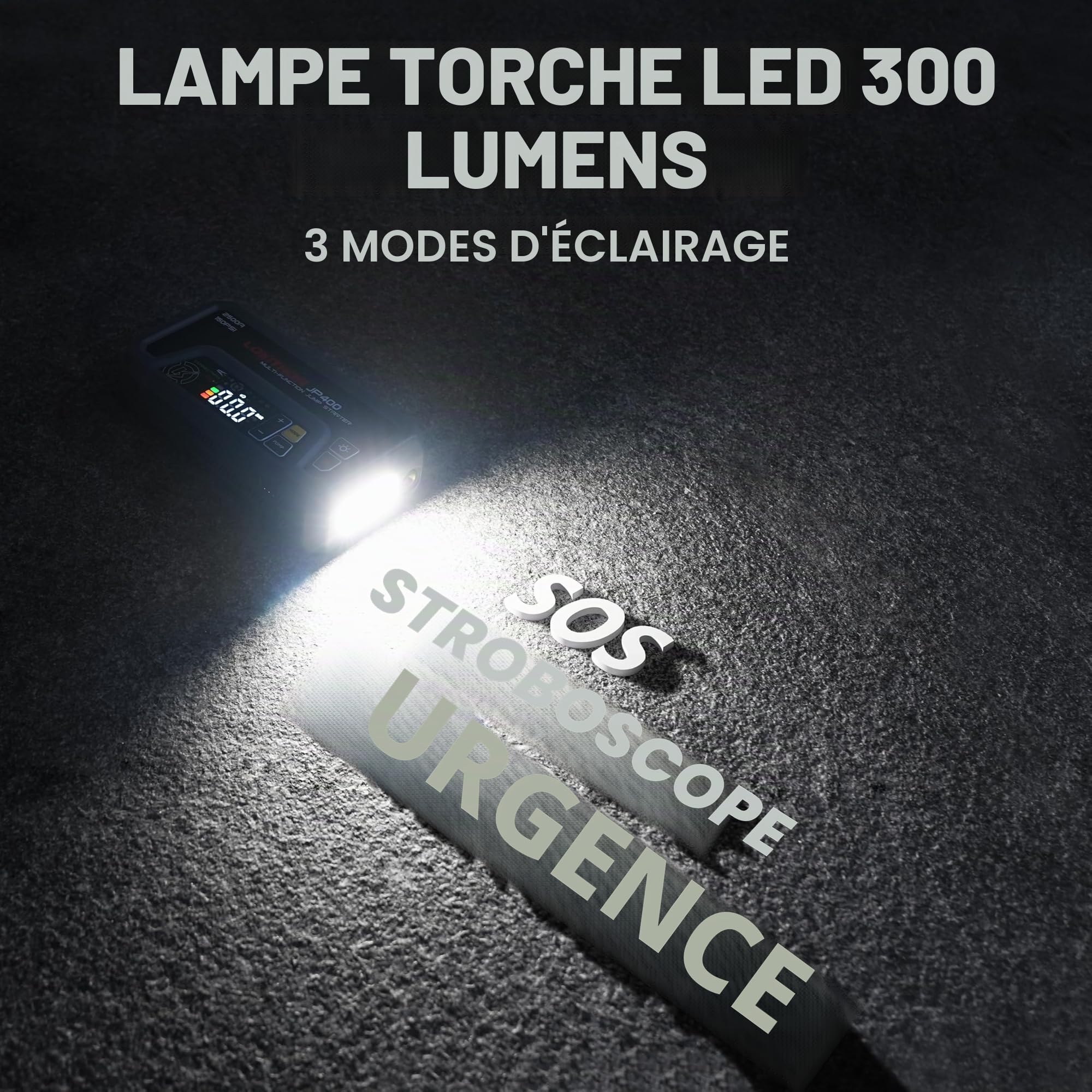 LOKITHOR JP400 Booster de Batterie Voiture avec Gonfleur 12V 2500A avec Compresseur d’Air 150 PSI, Démarreur de Batterie Voiture pour Moteurs Jusqu’à 8.5L Essence et 6.5L Diesel, Intégré, Lampe LED