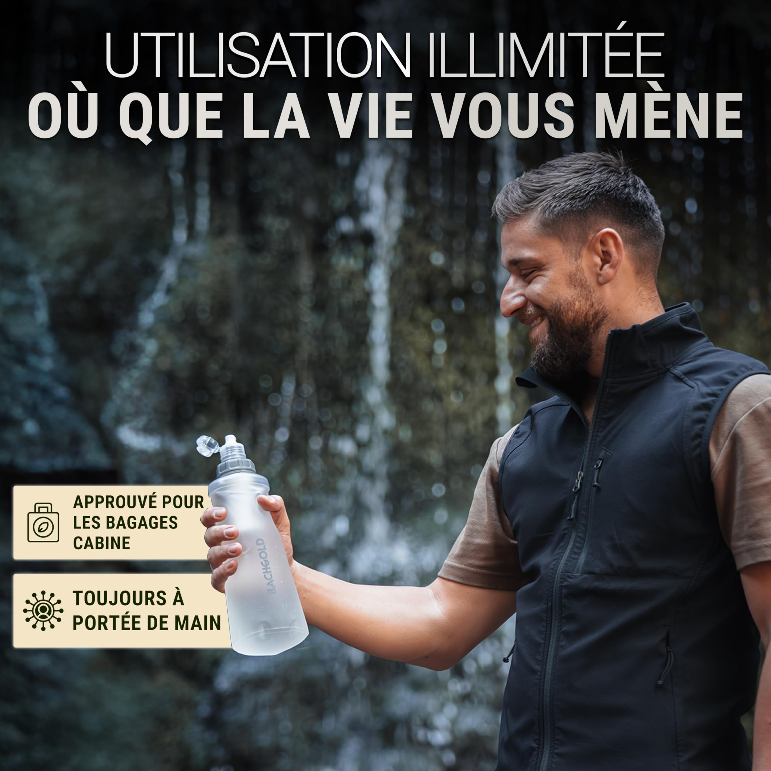 Bachgold Squeeze Gourde Filtrante avec Filtre Anti-Virus, Blanc 500ml | Filtre 99,99% virus, bactéries & microplastiques – 2 étapes : électroadsorption + fibre creuse 0,2 µm – randonnée, survie