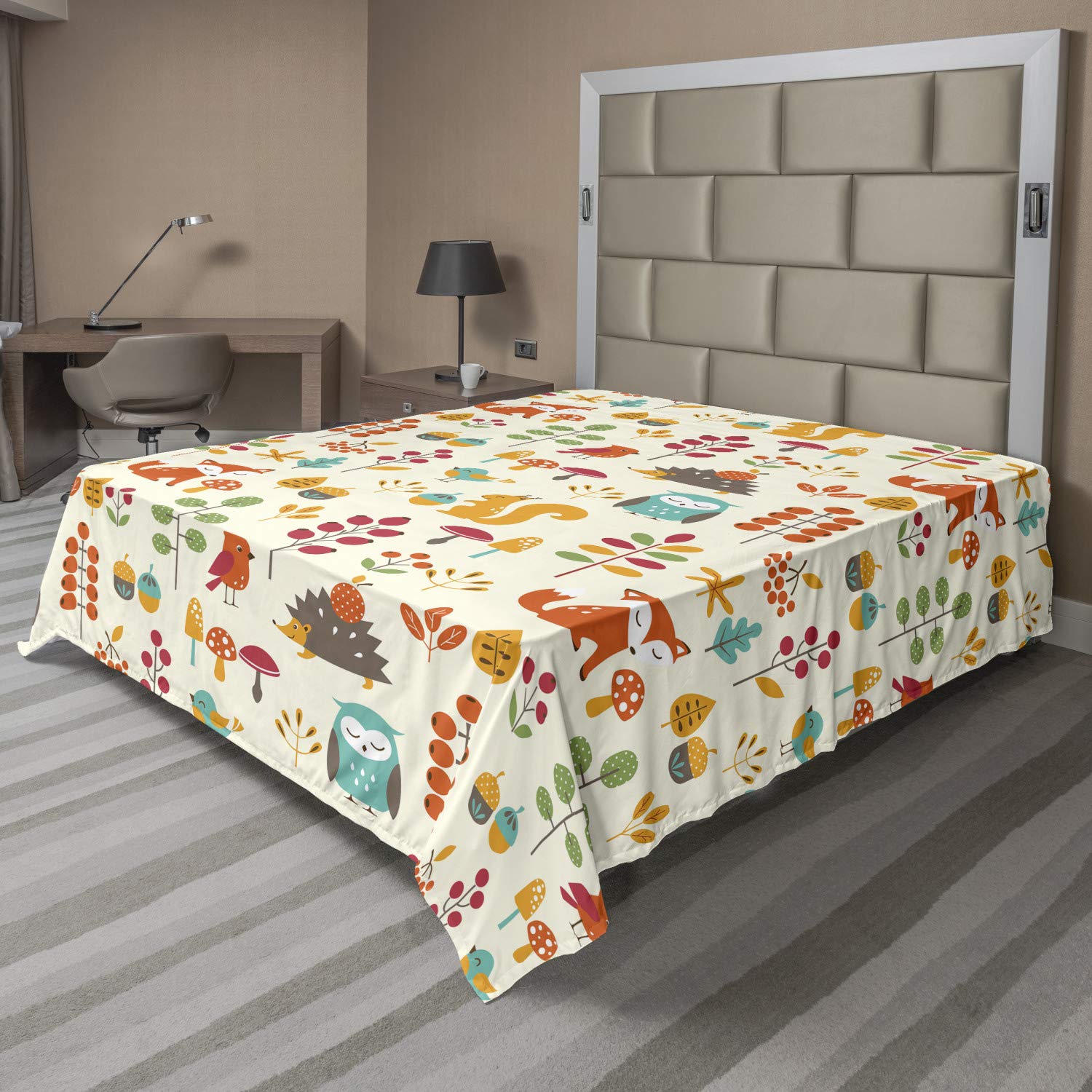 Ambesonne Cartoon Flat Sheet, Autumn Pattern Owl Fox Squirrel Birds Animal Leaves Print, Soft Comfortable Top Sheet Decorative Bedding 1 Piece, Queen Size, Multicolor