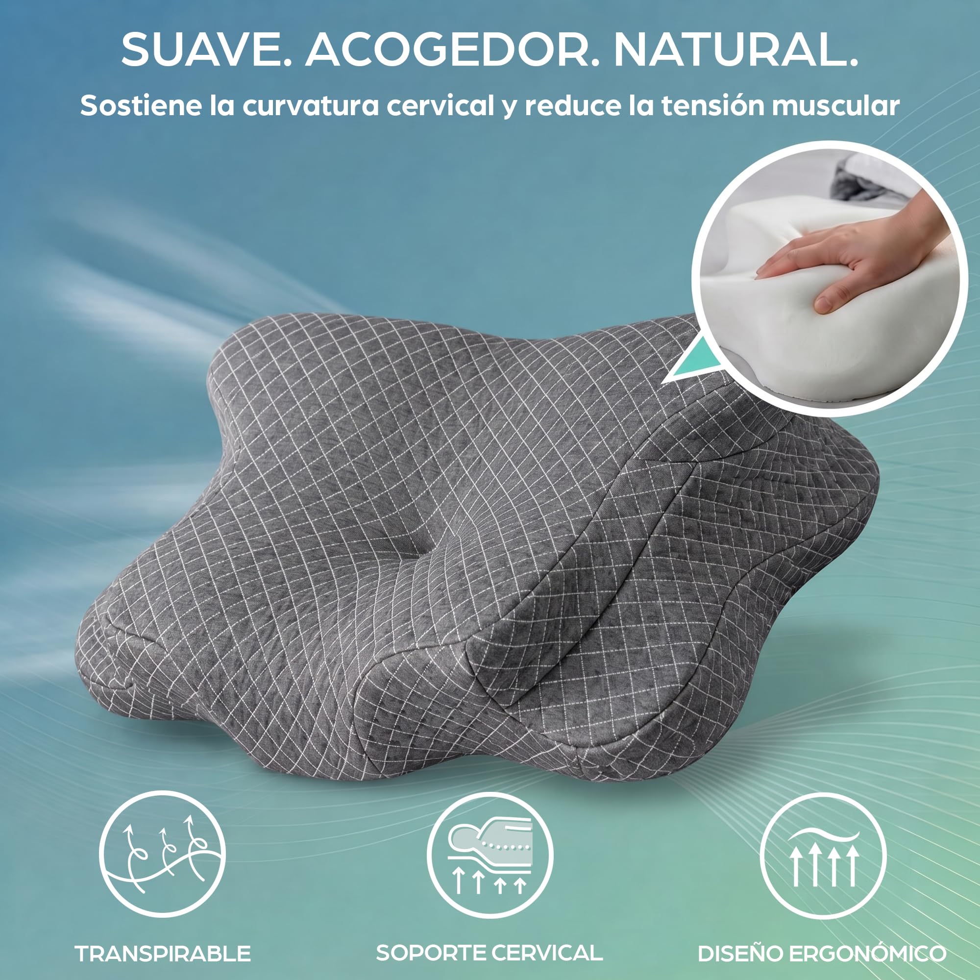 Almohada Cervical y Cuello Espuma Viscoelástica | Almohadas Cervicales Ortopédica Ergonómica para Dormir de Lado | Antironquidos Soporte Nuca Hombro | Dolores de Cuello | Funda Lavable Transpirable