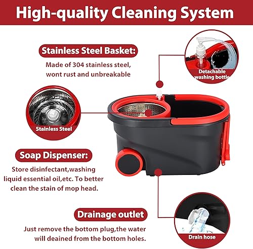 Miniatura 4 de Trapeador giratorio y cubo con juego de escurridor, trapeador giratorio y cubo con escurridor para el hogar, cubo de mopa de acero inoxidable 360