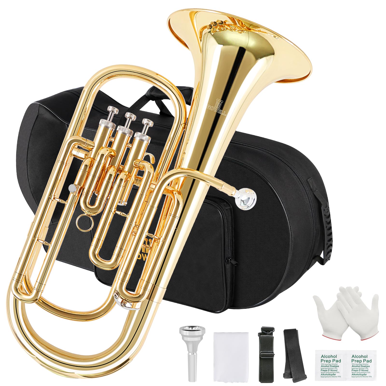ROWELL Baritone Horn Bb Brass 3 Valves Lacquer Gold with Mouthpiece, Case and Gloves