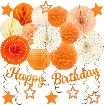 Orange Birthday Party-Decorations - 29pcs Orange Beige FAL Boho Party Decorations for Women Girls, Autumn Sweet Peach Thanksgiving Decorations Happy Birthday Banner Paper Tissue Pom Poms - ZERODECO