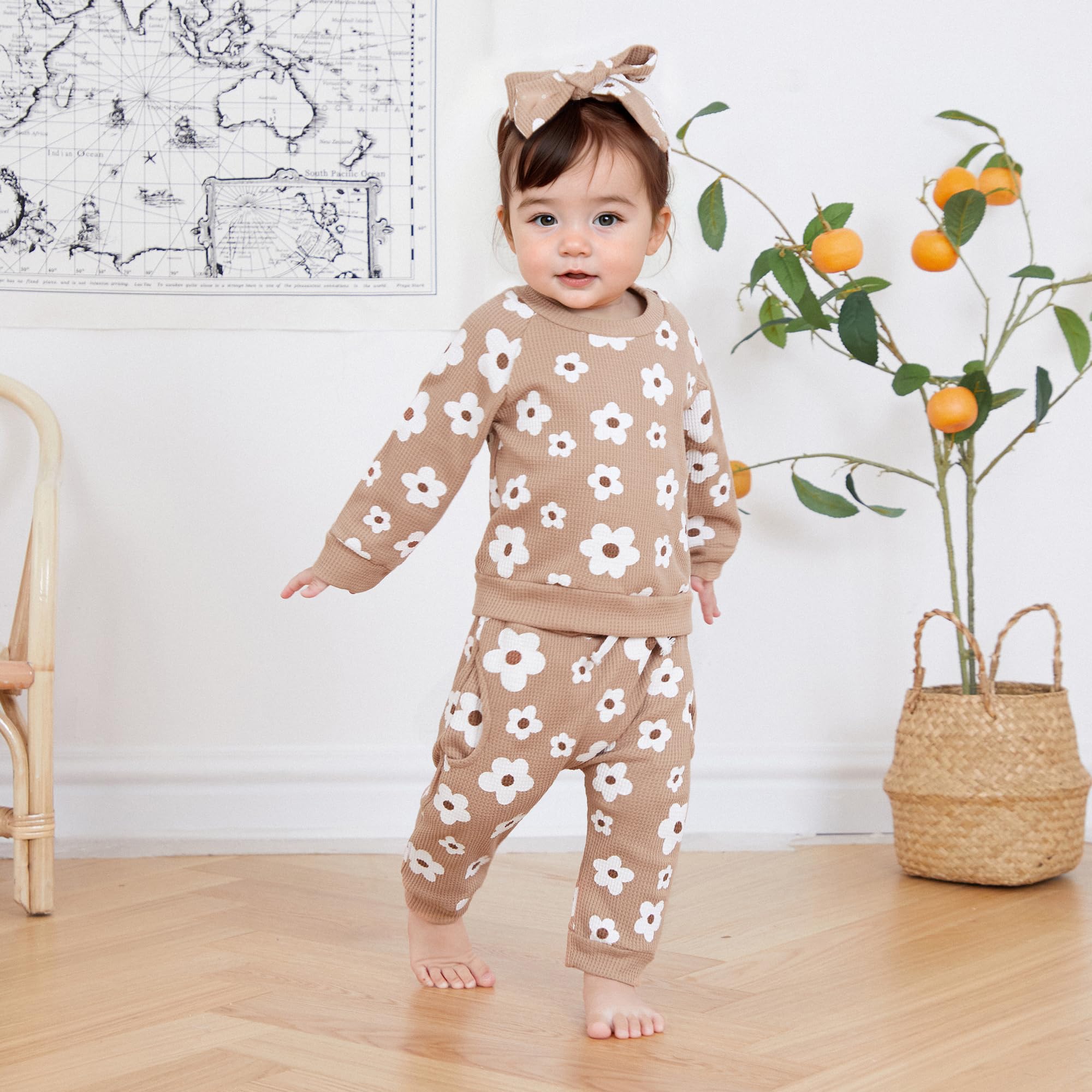 SHIBAOZI Newborn Infant Baby Girl Spring Waffle Outfits Toddler Clothes Long Sleeve Sweatshirt Headband Pants Suit (Khaki, 0-6 Months)