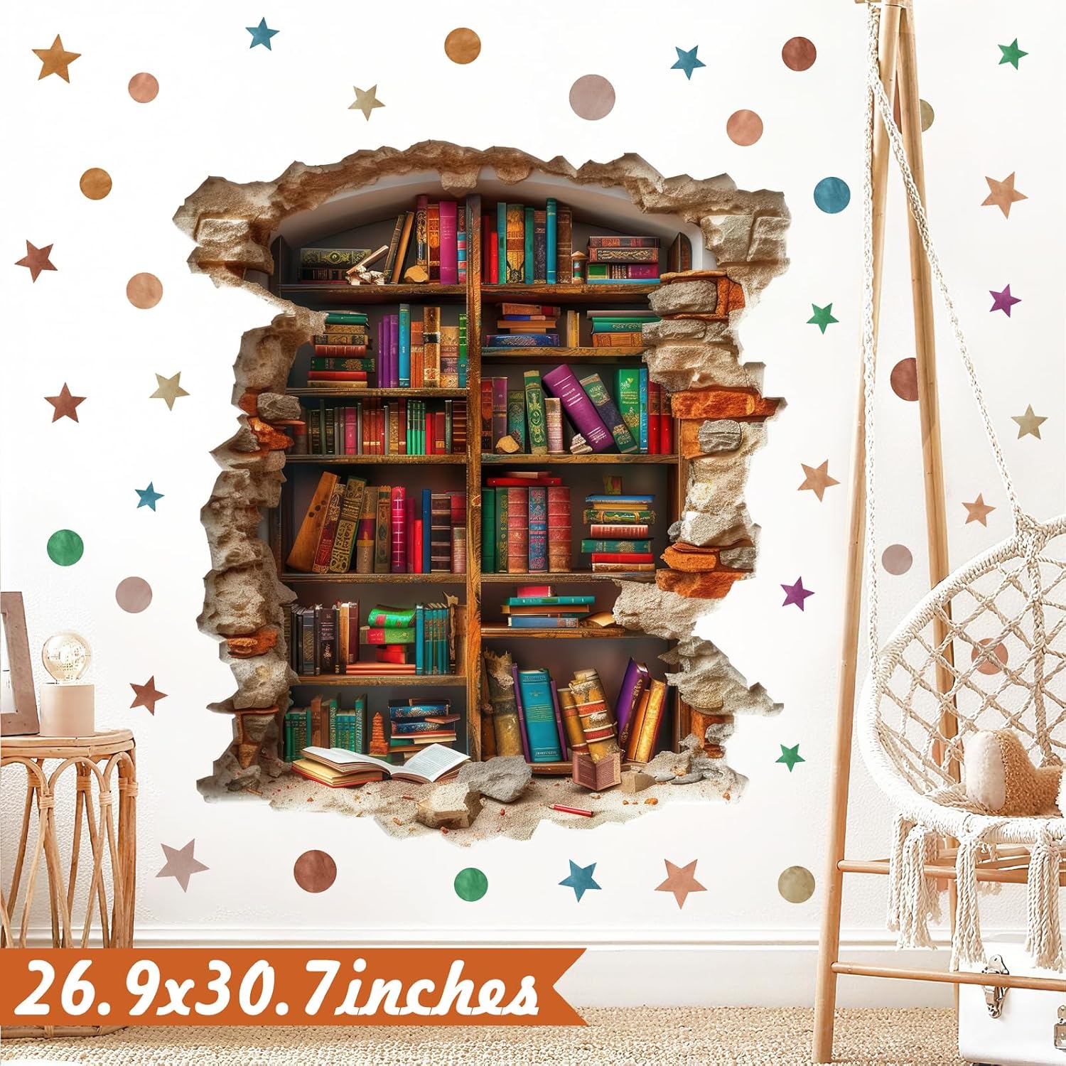 Large Vintage Book Wall Stickers 3D Broken Wall Decals Peel and Stick Reading Room Art Murals Read Signs Vinyl Decal Bookshelf Art Decorations DIY Walls Sticker for School Library Classroom Home Decor