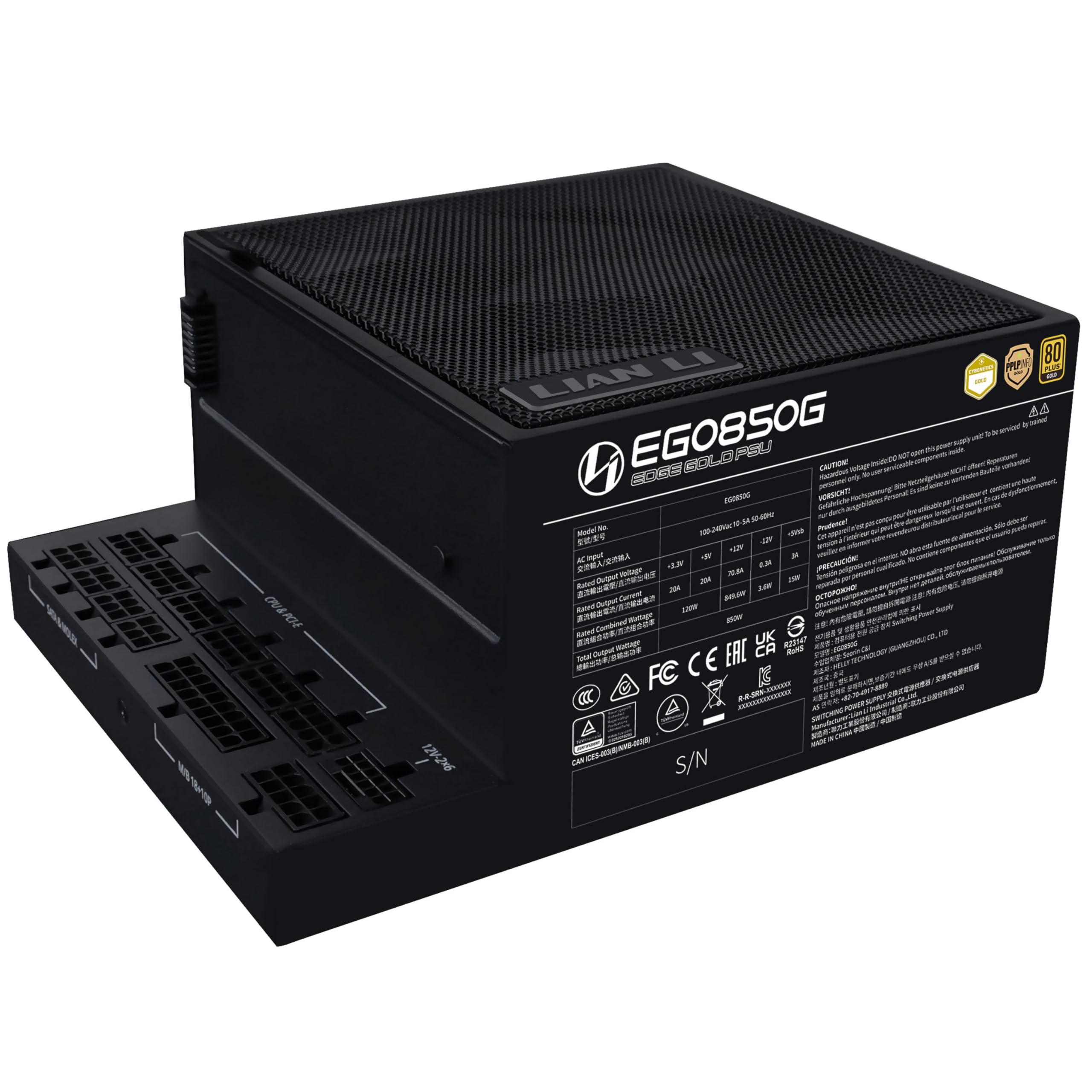 Lian Li Edge Gold 850 PC Netzteil Schwarz, 850 Watt ATX Netzteil, PCIe 5.1, ATX 3.1 PSU | 80 Plus Gold, modular, Sleeved Cable Kit, 12VHPWR für NVIDIA RTX, leiser Lüfter