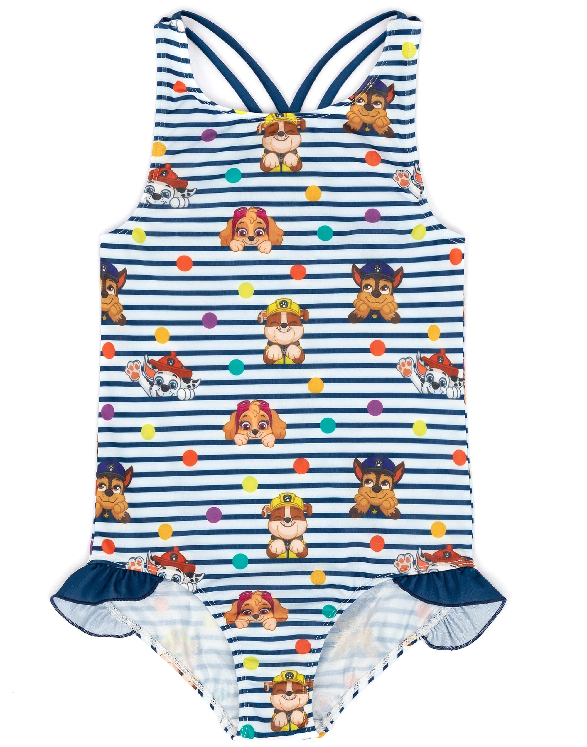 Paw Patrol Girls Navy Swimsuit For | Childrens Toddlers All In One Striped Frill Swimming Costume | Skye Rubble Chase Marshall 2-3 Years