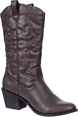 Charles Albert Cowboy Boots for Women Mid-Calf Boot Embroidered Stiching Western Cowgirl Boots Low Stacked Heel