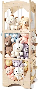 Fodoss Stuffed Animal Storage, Wooden Toy Storage Organizer with Arched Base, Detachable Bars & Lockable Wheels, 16.5" D x 16.5" W x 51.6" H
