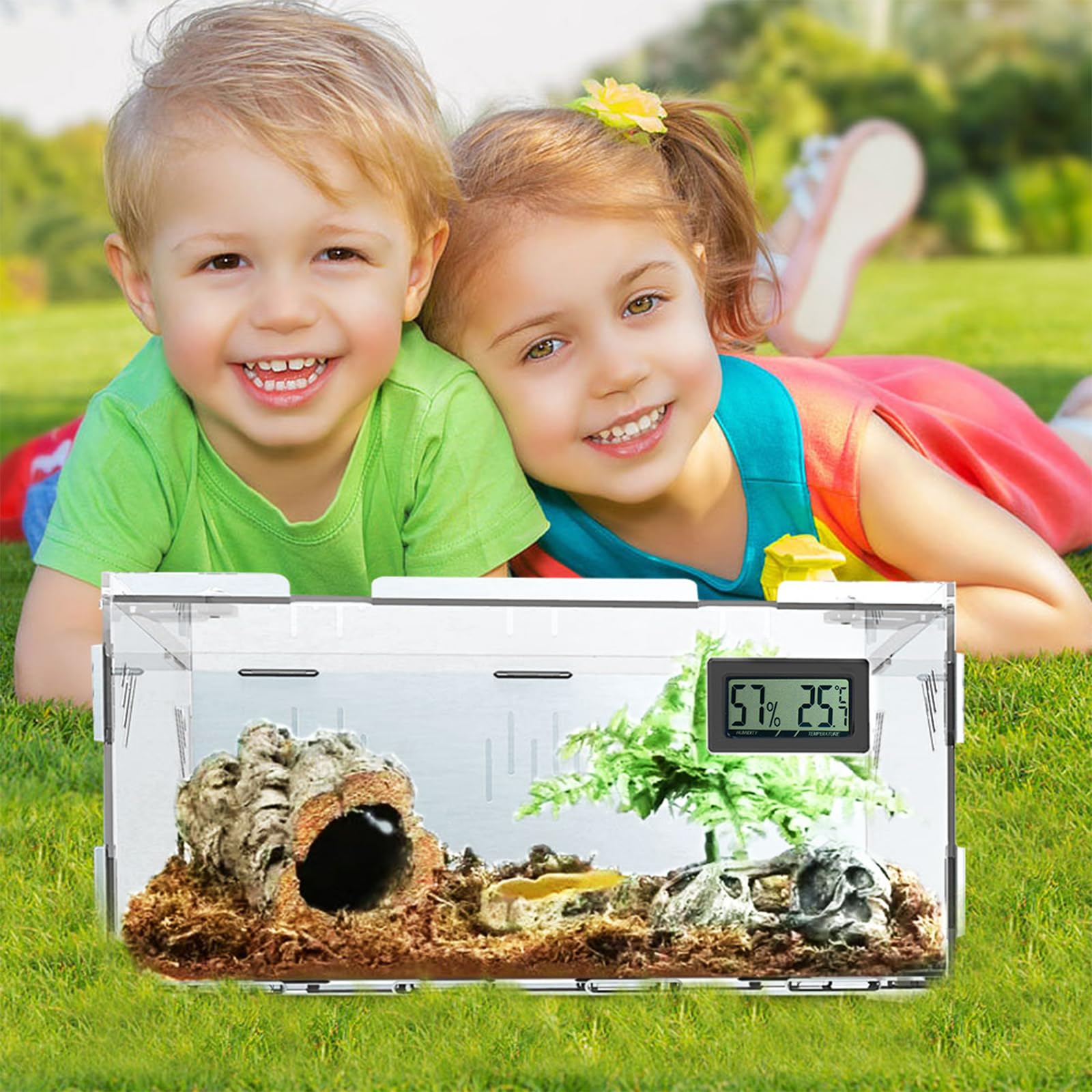 Terrario per Rettili, Scatola di Alimentazione Insetti, Terrario Acrilico 360° con Termometro Digitale Igrometro Rettile Breeding Box per Spider/Lumaca/Rana/Lucertola/Tartaruga