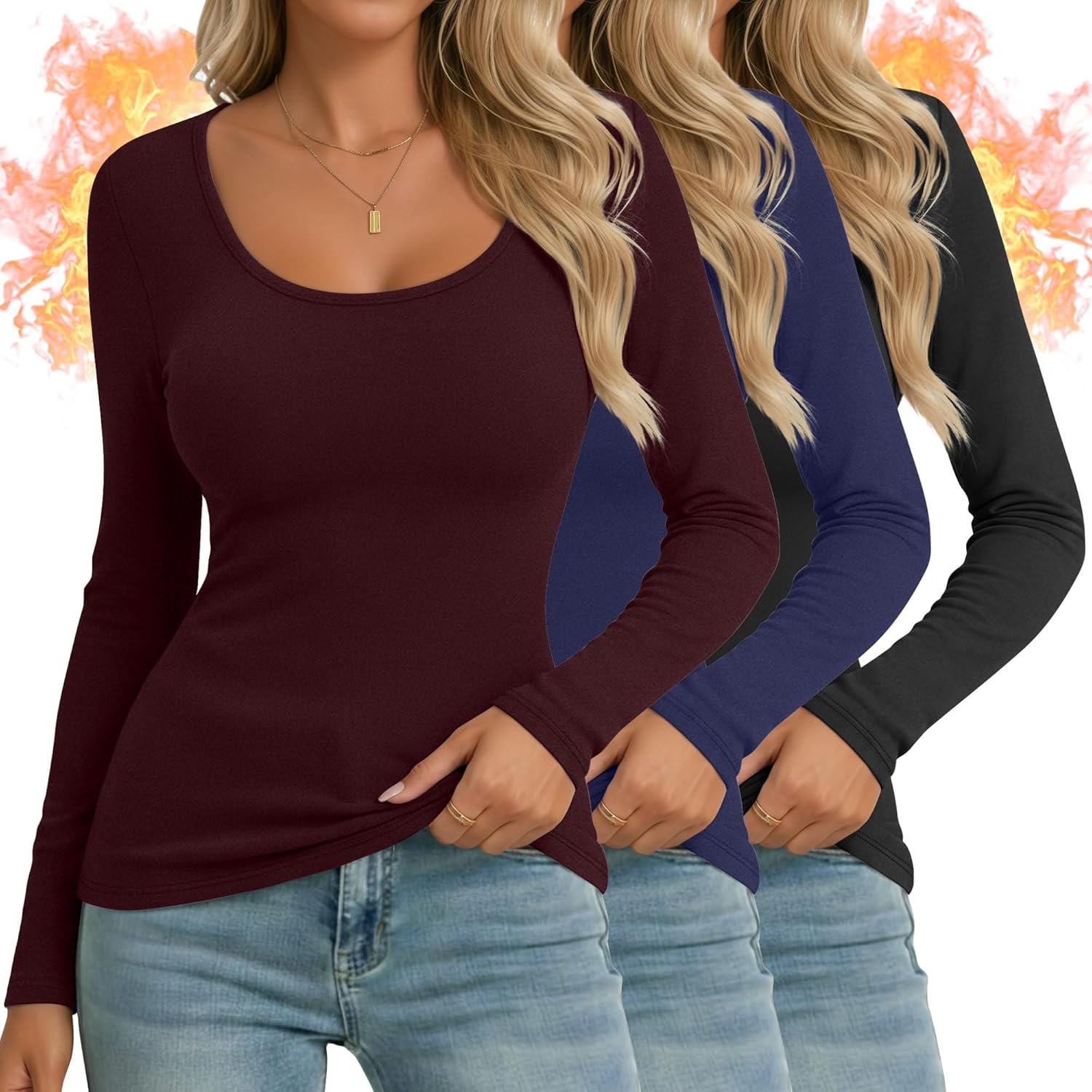 Ficerd 3 Pack Women's Thermal Long Sleeve Shirts Fleece Lined Scoop Neck Stretch Fitted Tops Winter Base Layer Underwear