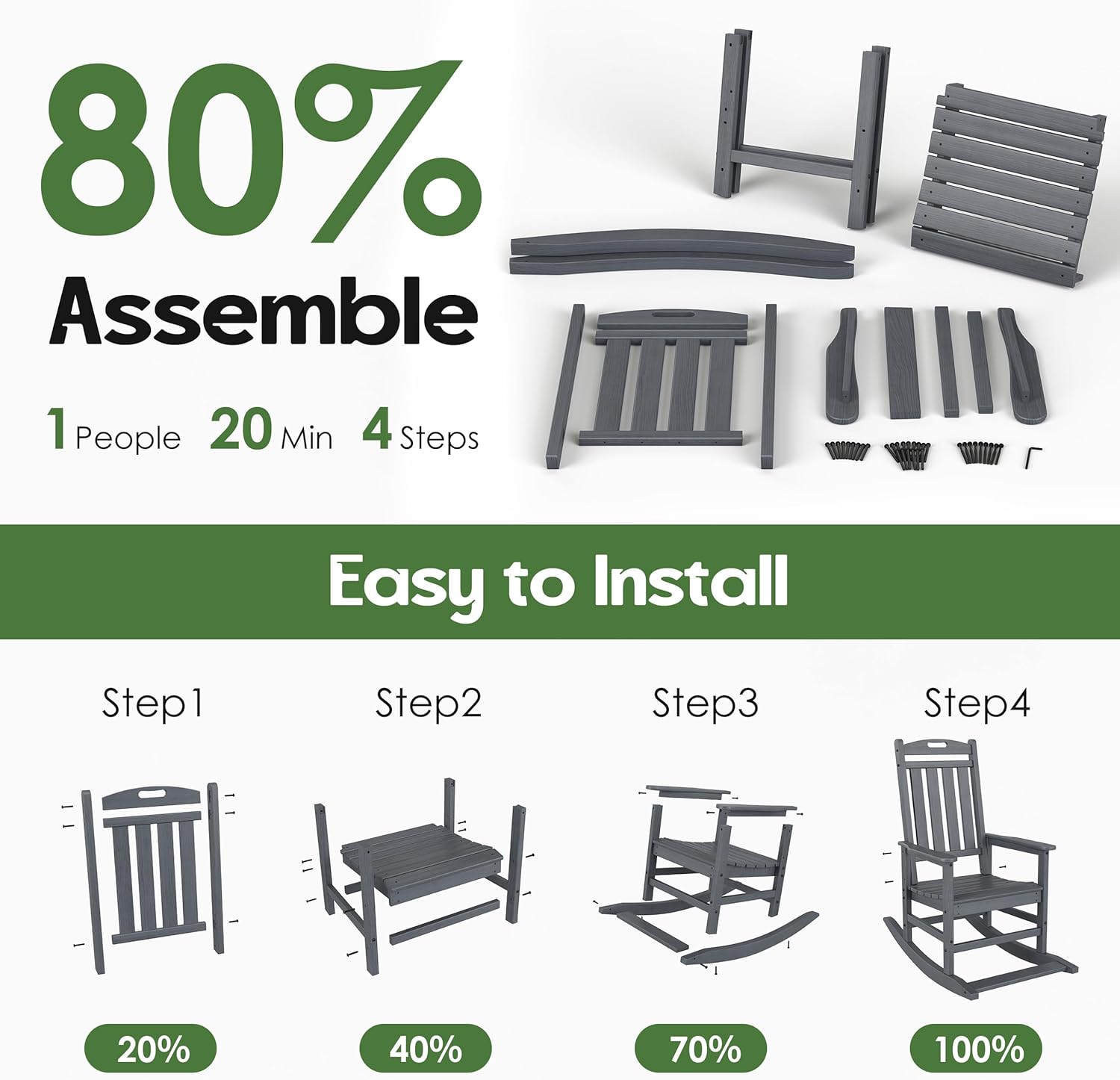 Outdoor Rocking Chair - HDPE Patio Rocking Chair with Footboard, High Back Porch Rocker All Weather Outdoor Patio Chairs for Front Porch Rocker Lawn Garden Deck Patio Balcony, Grey