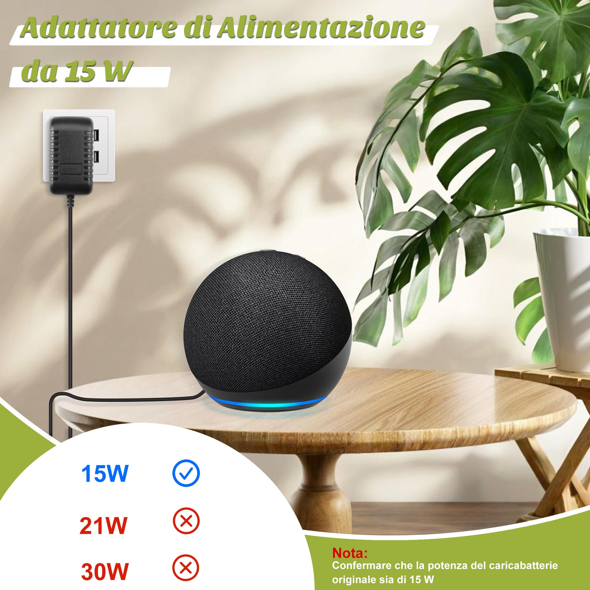 Xahpower 15W Caricatore per Echo Dot (3a/4a generazione), 12V Cavo Alimentatore Compatibile con Echo Show 5 (1a/2a generazione), Echo Dot (3a/4a generazione) con Orologio, Echo Spot e Fire TV Cube