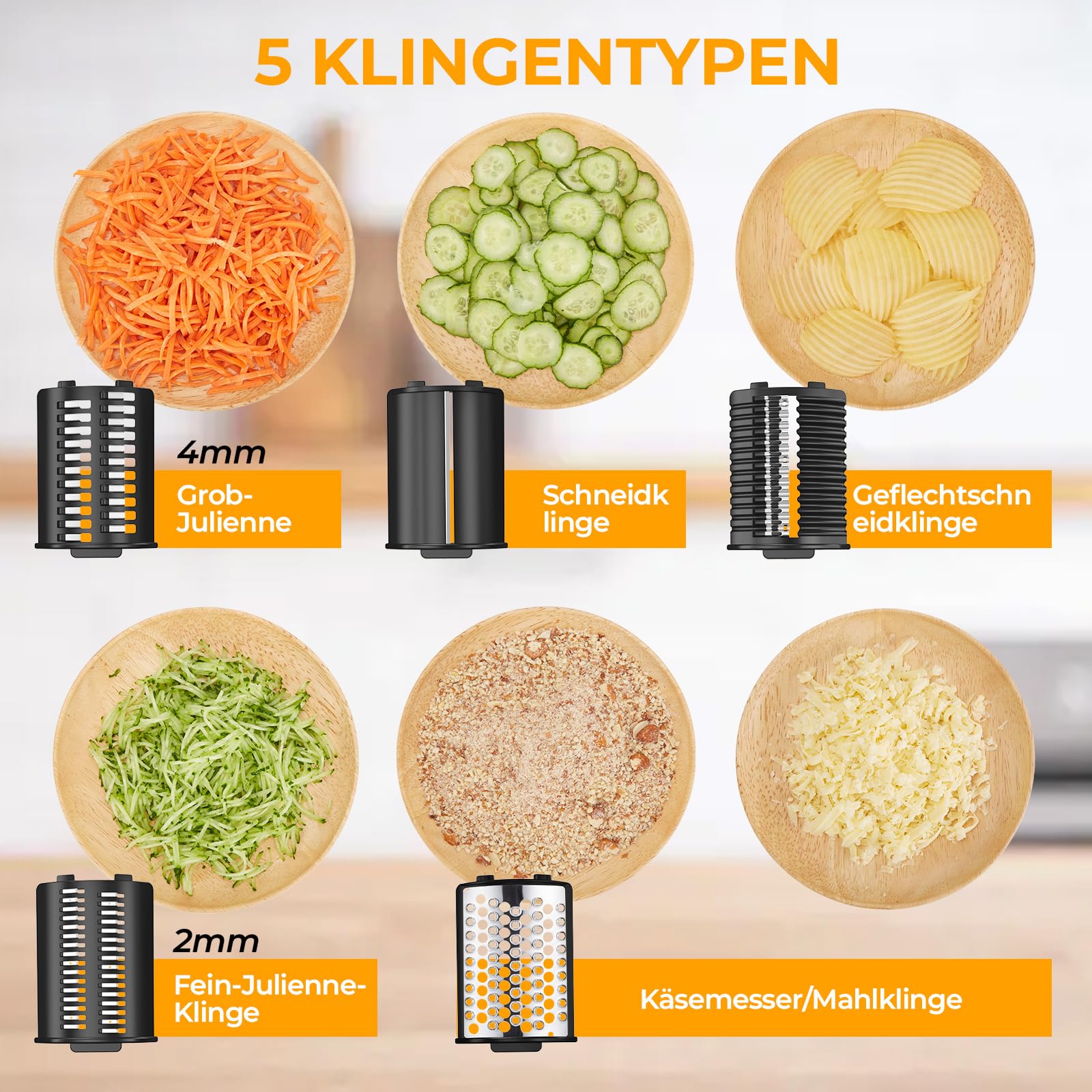 FITNATE Gemüseschneider Elektrisch, Elektrische Käsereibe, Käsereibe, Reibe für Gemüse mit 5 Einsätzen, Küchenmaschine, Silber, Reibe für Obst und Gemüse, Käse, 250 W mit Eu stecker | große Einfüllöffnung, rutschfeste Saugfüße