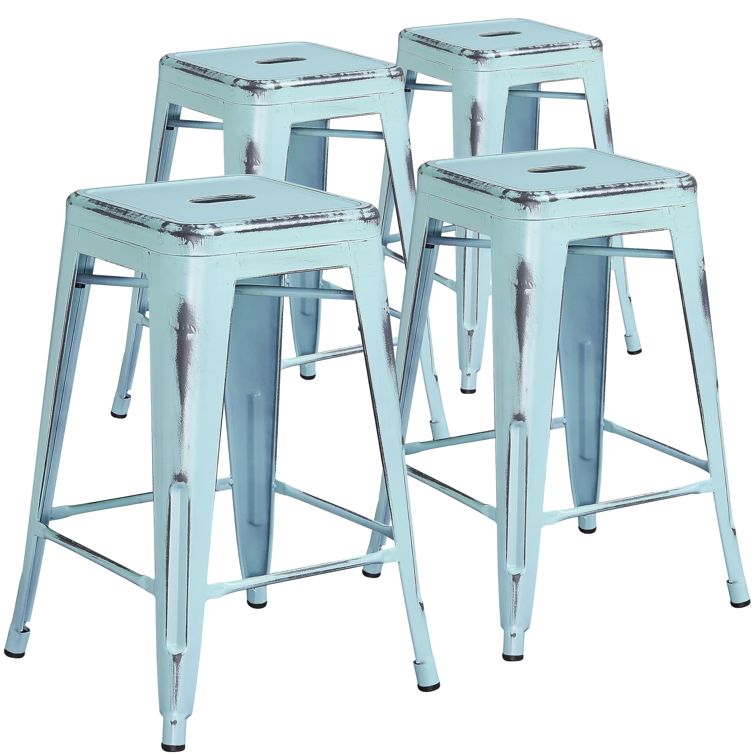 Flash Furniture Kai Commercial Grade 4 Pack 24" High Backless Distressed Green-Blue Metal Indoor-Outdoor Counter Height Stool