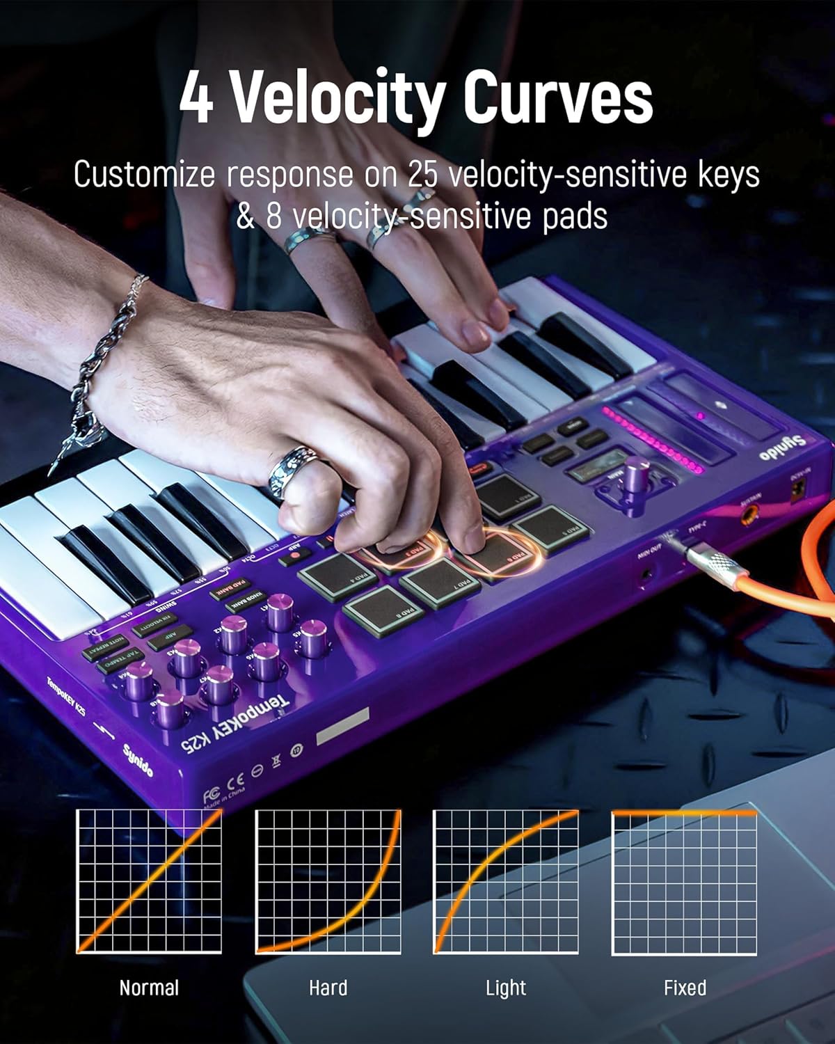 Synido USB C MIDI Keyboard Controller 25 Keys with 8 Backlit Drum Pads, OLED Screen, Portable MINI MIDI Keyboard for Music Production – Purple, TempoKEY K25