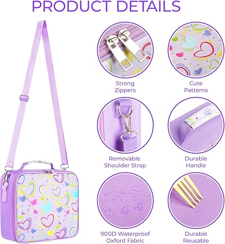 Miniatura 2 de Lonchera para niños, lonchera aislada con corazón para niños y niñas, bonita bolsa Bento cuadrada duradera con correa para el hombro para la escuela