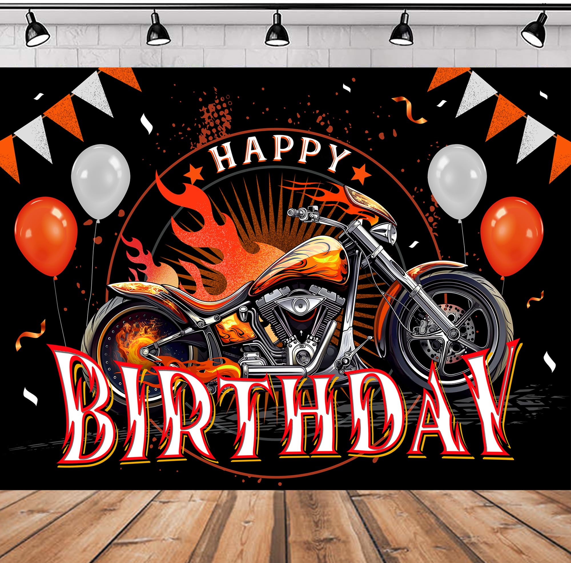 SVBright Motorcycle Happy Birthday Backdrop 5Wx3H for Boys Kid Motocross Racing Modern Cool Black Red Fire Dirt Bike Balloons Bday Decorations
