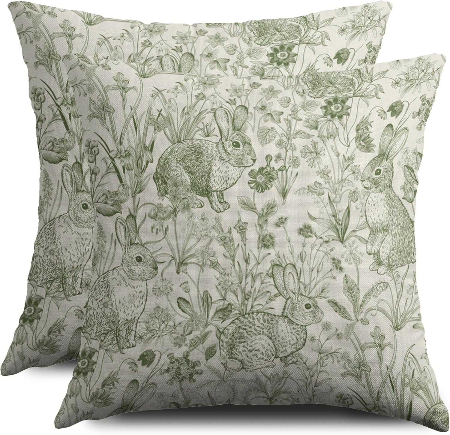 Easter Spring Green Pillow Covers 24X24 Set of 2, Vintage Flower Rabbit Bunny Floral Botanical Print Decorative Throw Pillow Covers Outdoor Farmhouse Seasonal Cushion Cases Couch Sofa Bed Decor