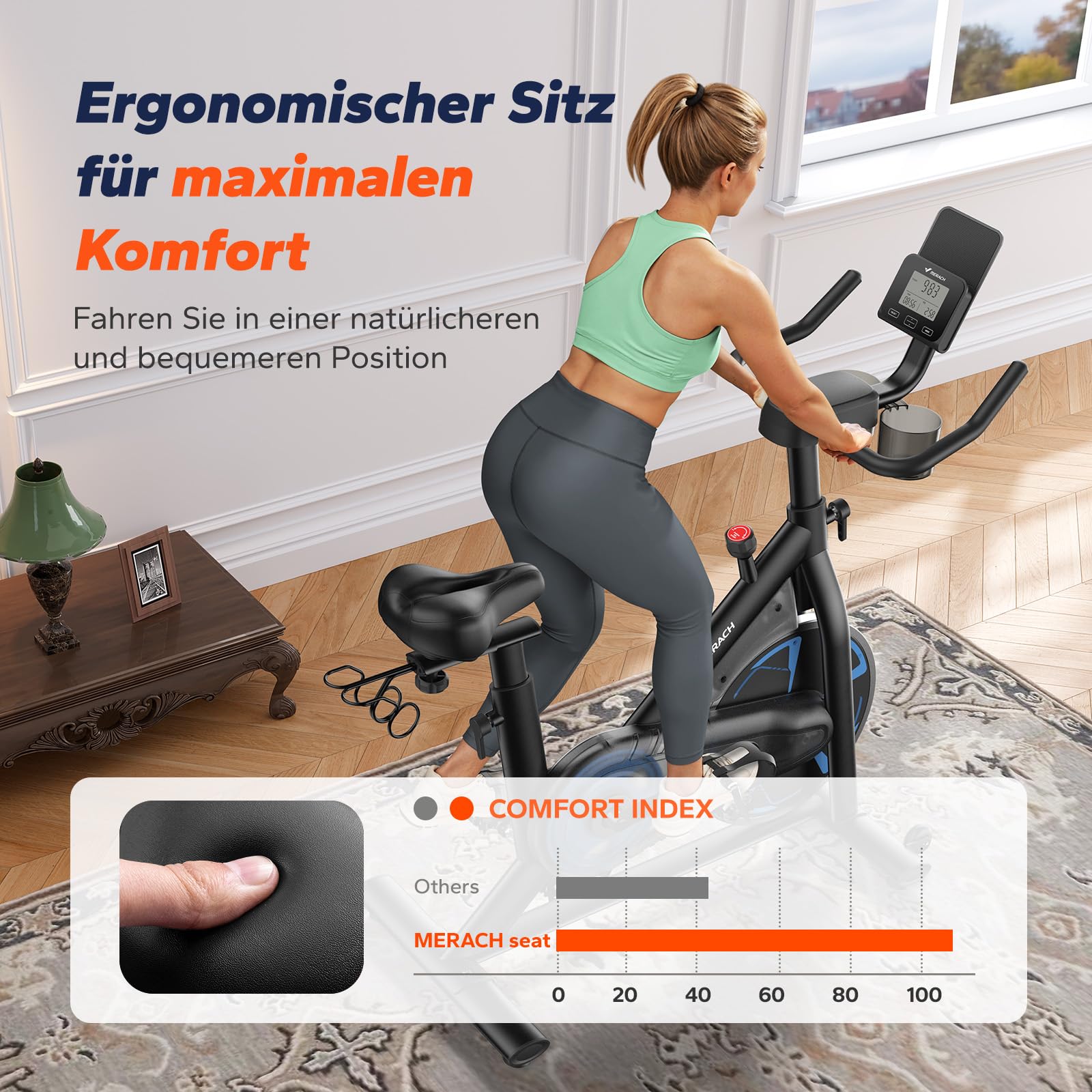 Merach Magnetyczny rower treningowy, cichy rower stacjonarny do domu z wygodną poduszką do siedzenia, rower spinningowy o udźwigu 150 kg, ekskluzywna aplikacja, uchwyt na tablet i kursy fitness