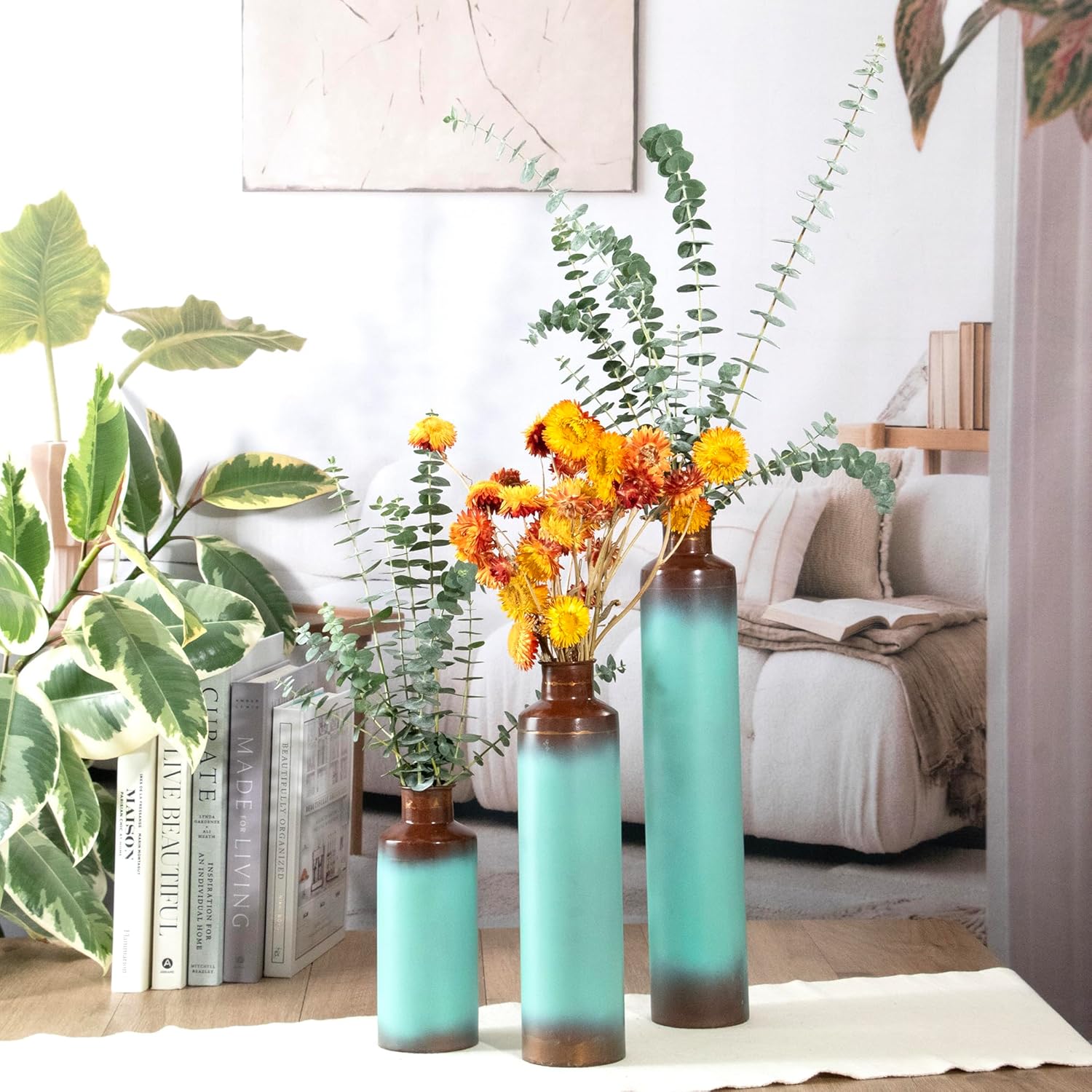 ANDALUCA Set of 3 Decorative Turquoise Bronze Vases